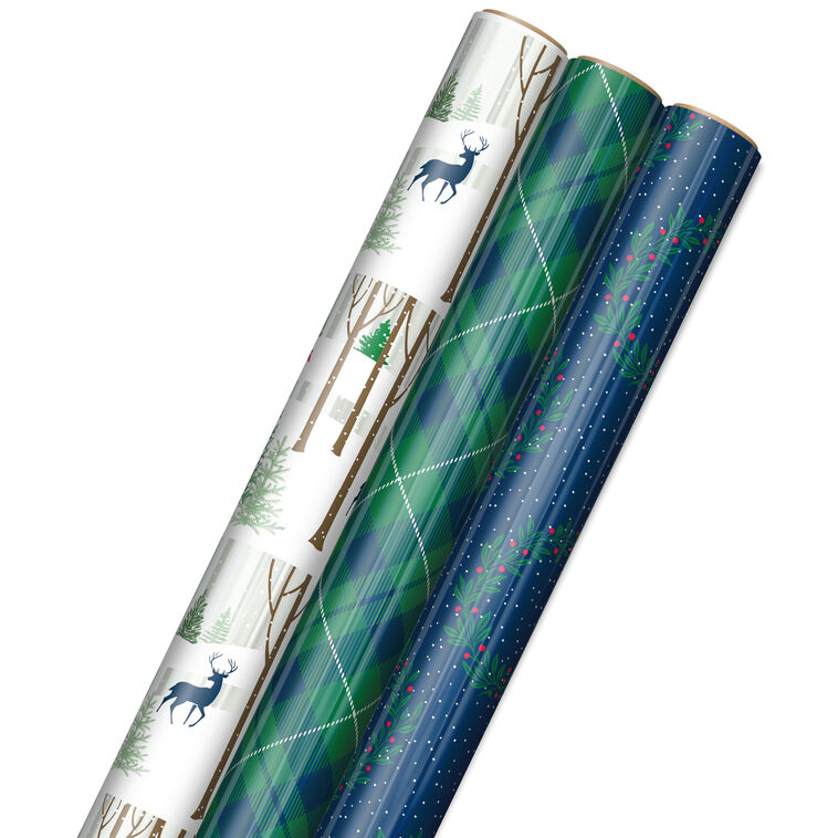 Rustic Winter 3-Pack Foil Christmas Wrapping Paper Assortment, 60 sq. ft.