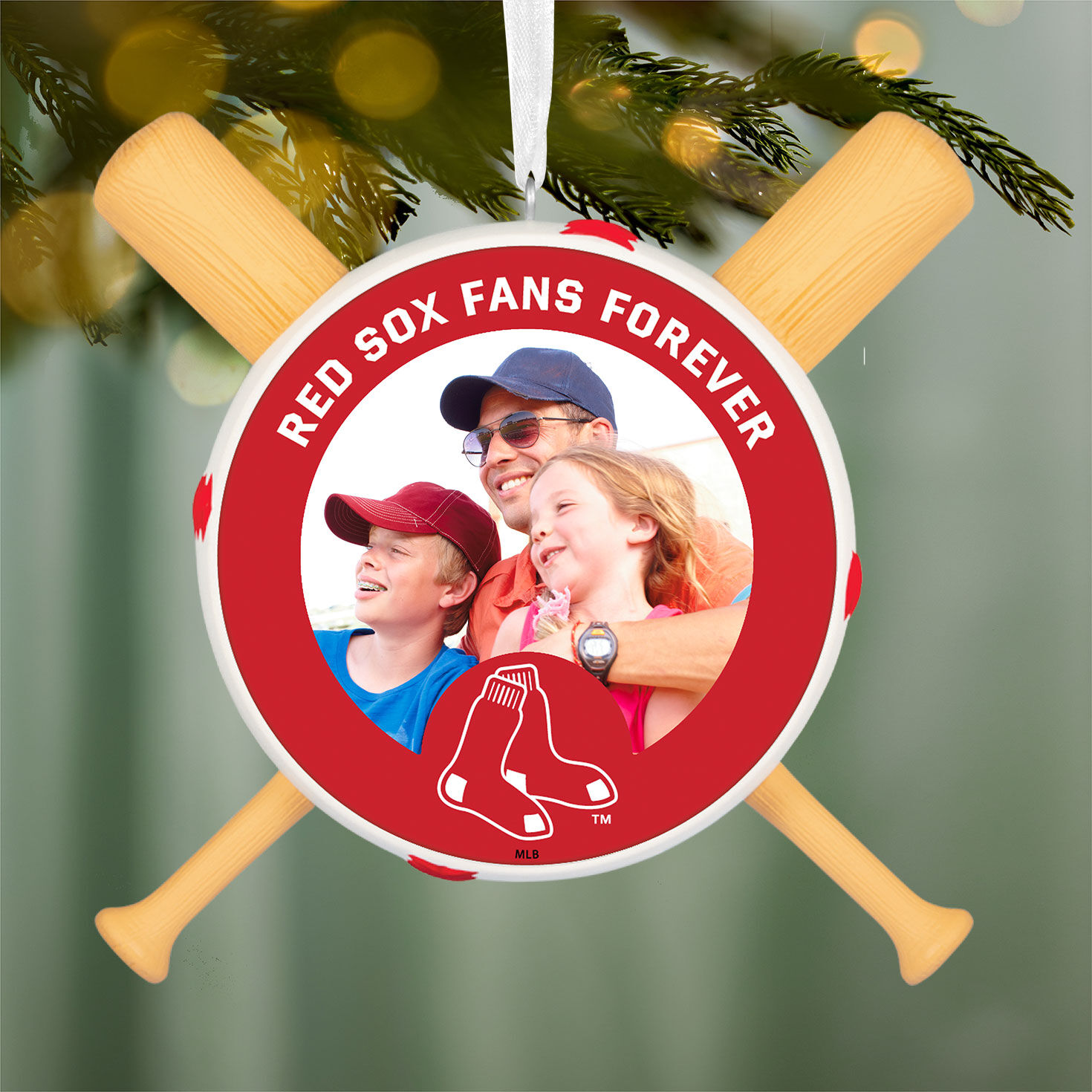 Boston Red Sox Personalized Photo Text Ornament hanging on tree image number 3
