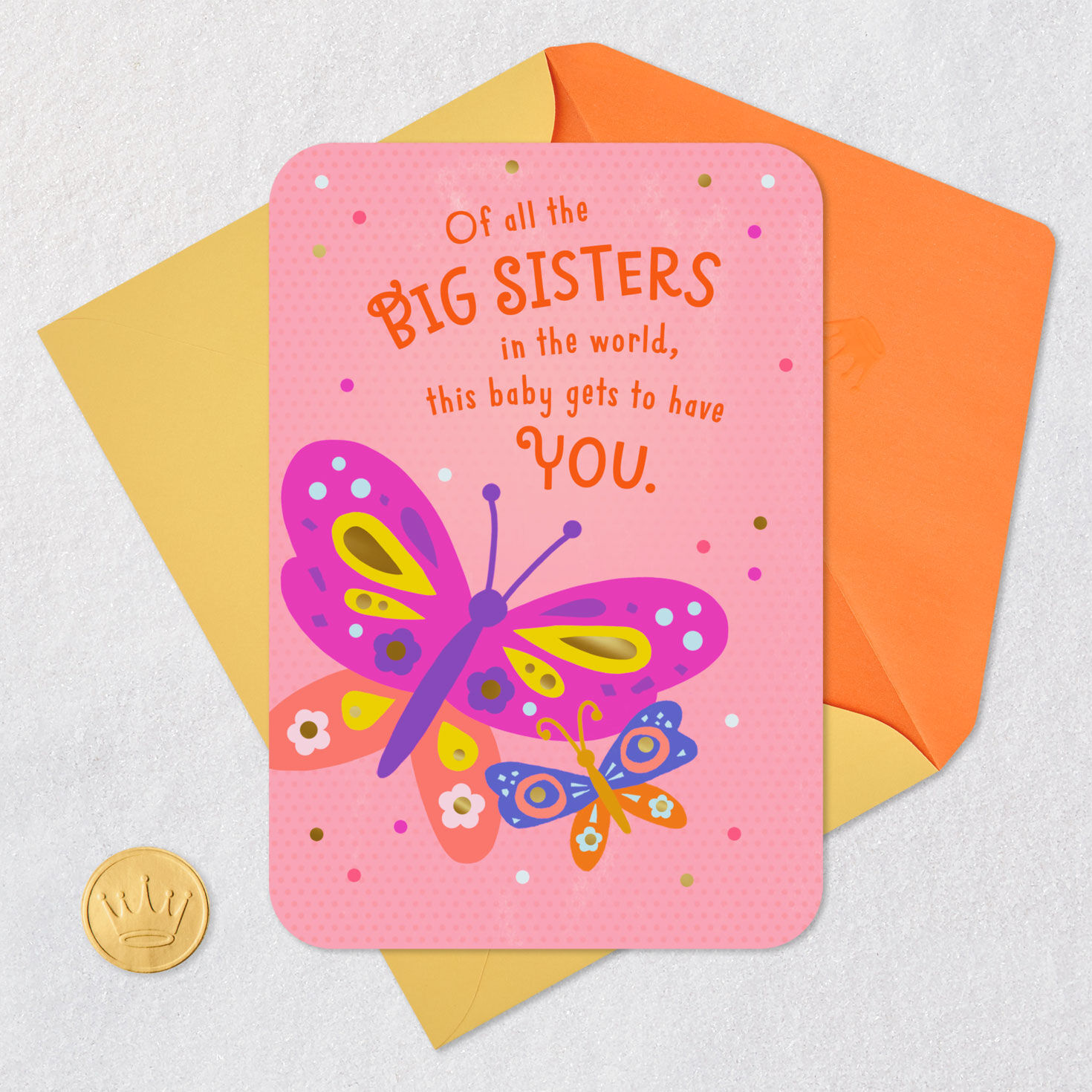 Colorful Butterflies Big Sister New Baby Card Card Front with Envelope and Gold Seal image number 5