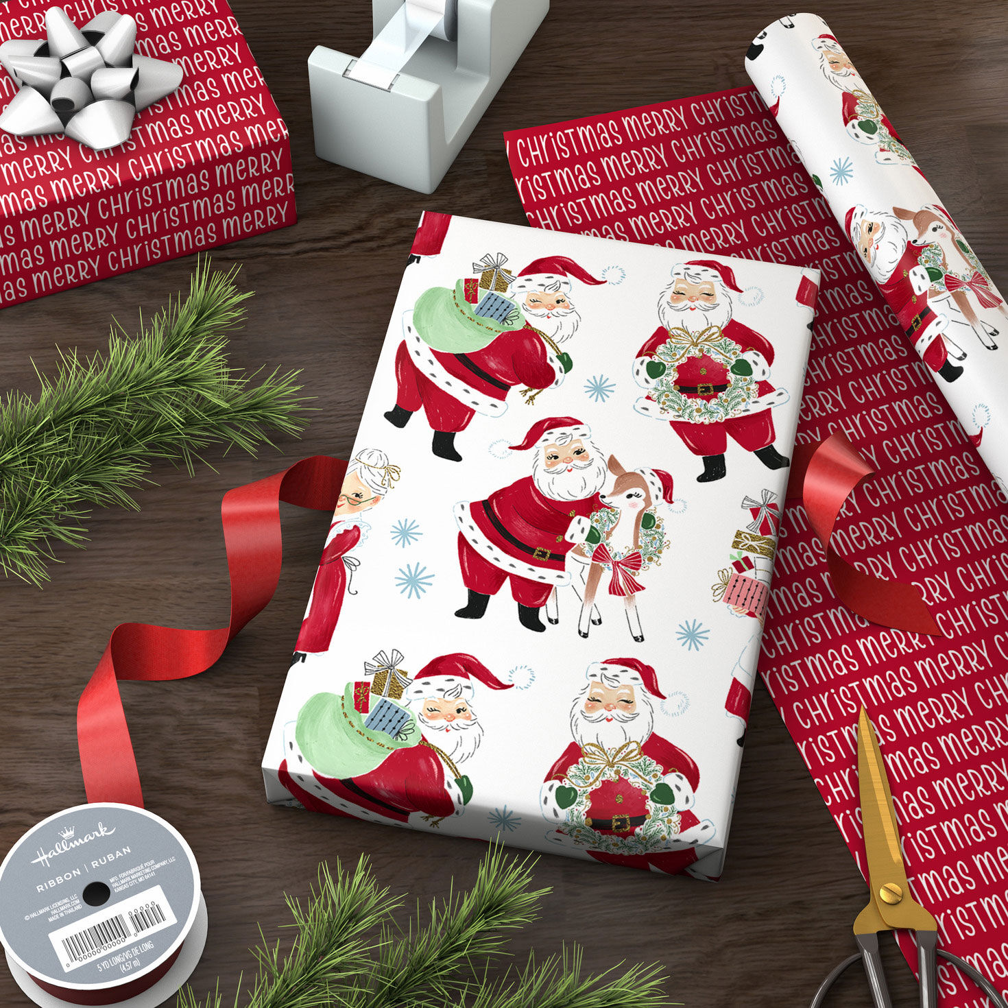 Vintage Santas/Merry Christmas Reversible Gift Wrap Wrapped package image number 3