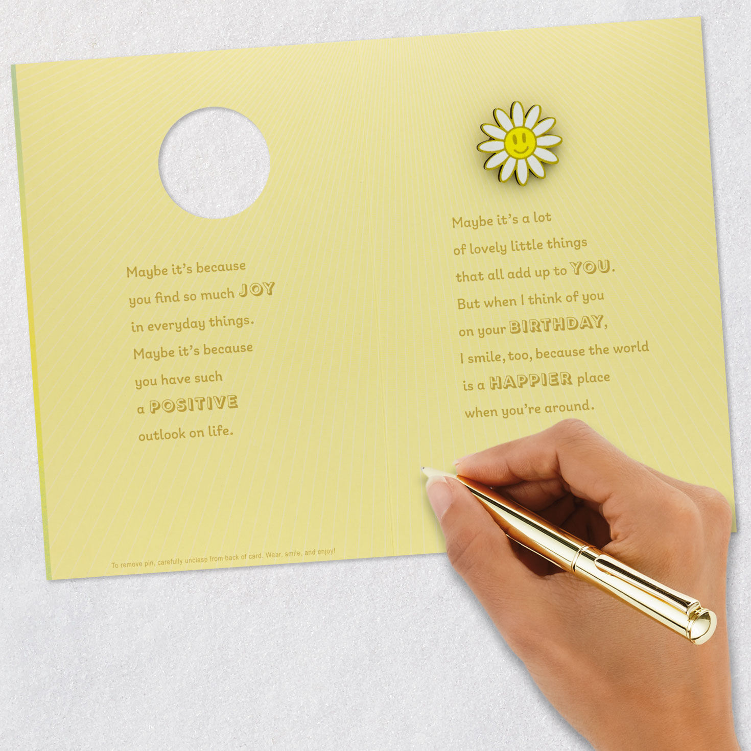 Smiling Daisy Pin on Yellow Ombr&eacute; Birthday Card signing card image number 8