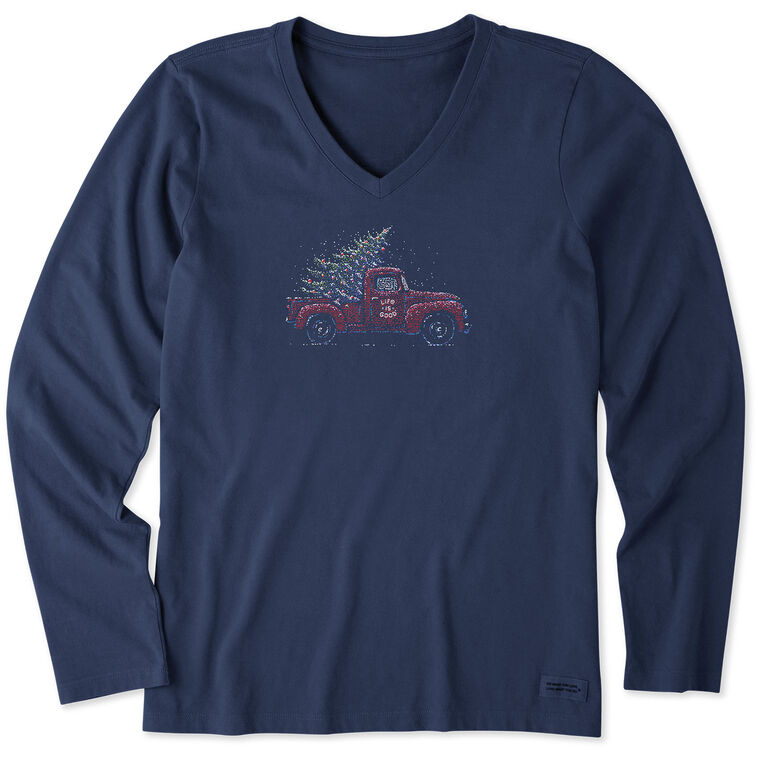 Life Is Good Women's Christmas Tree Truck Navy Long Sleeve V-Neck T-Shirt