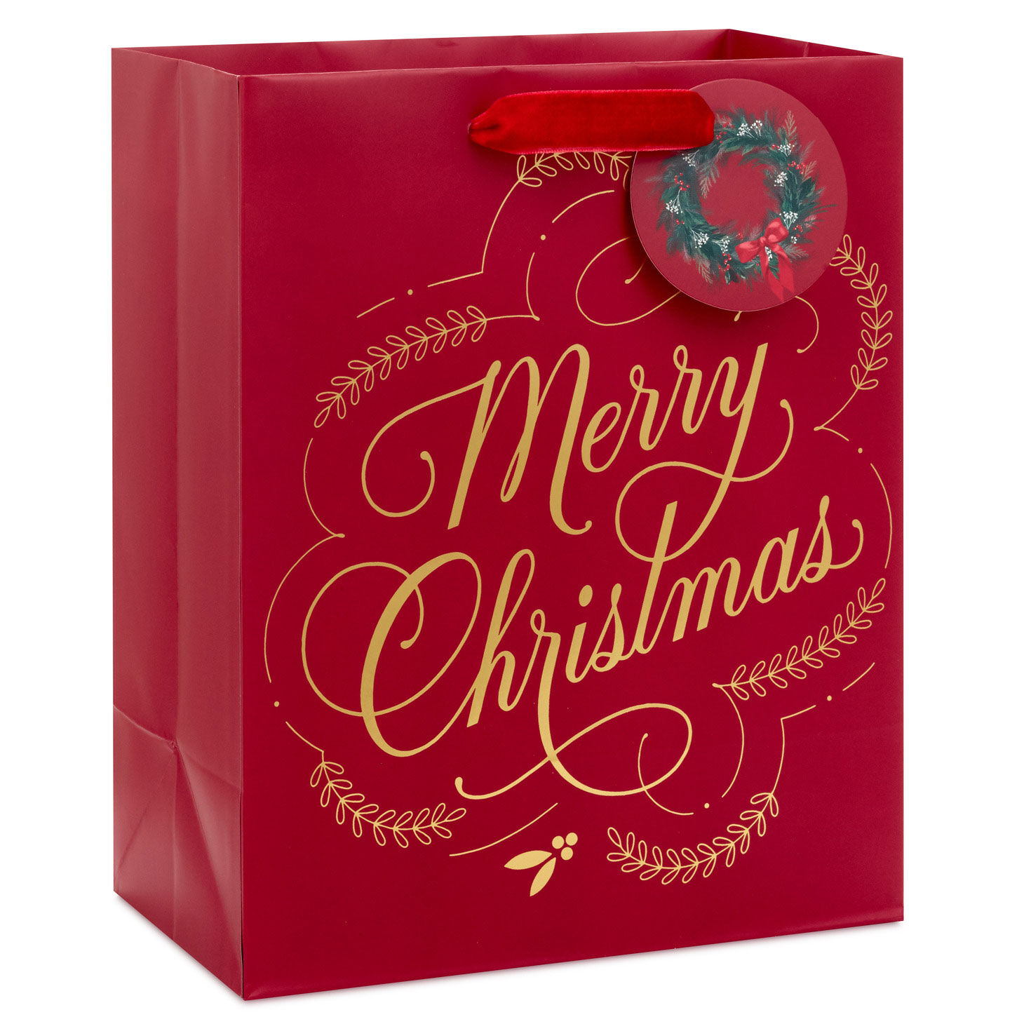 9.6" Gold Merry Christmas on Dark Red Medium Gift Bag