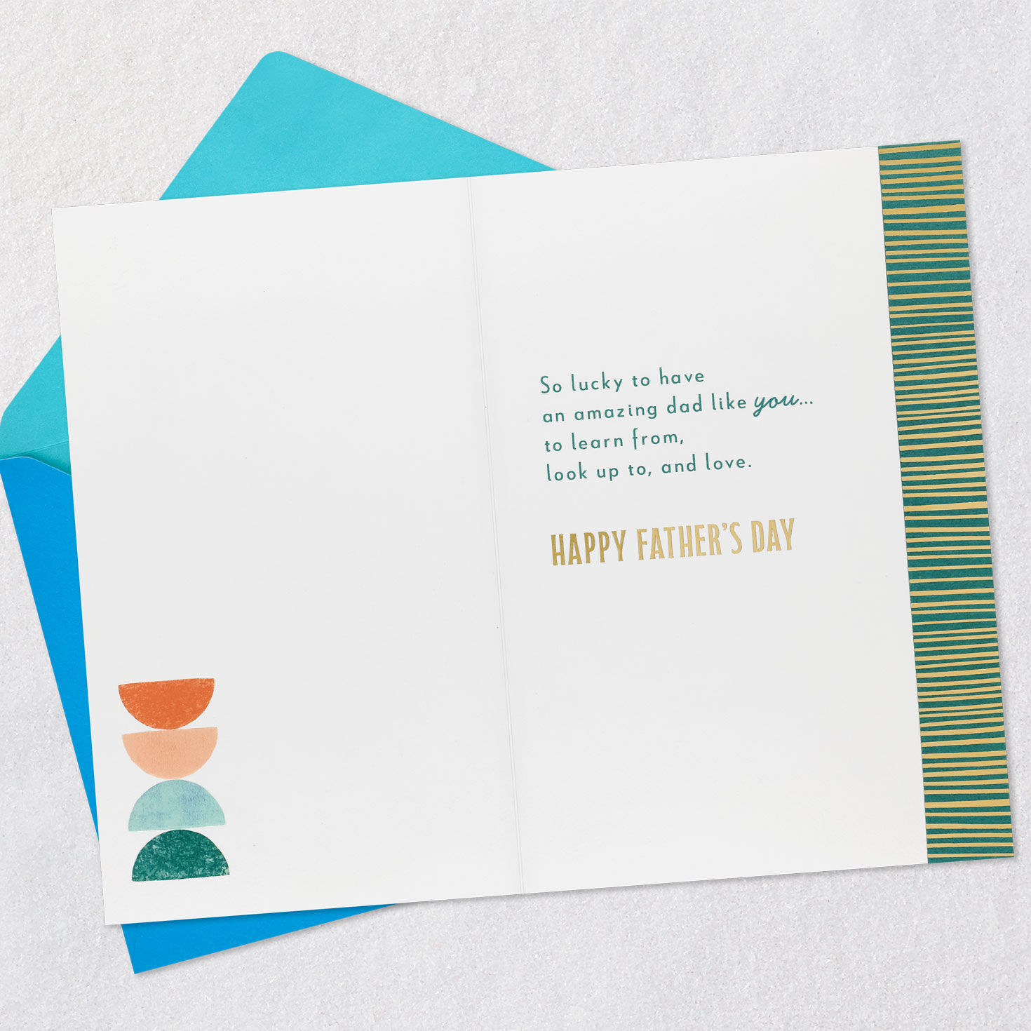 Orange, Green and Gold Half Moons Father's Day Card Open card with envelope image number 3