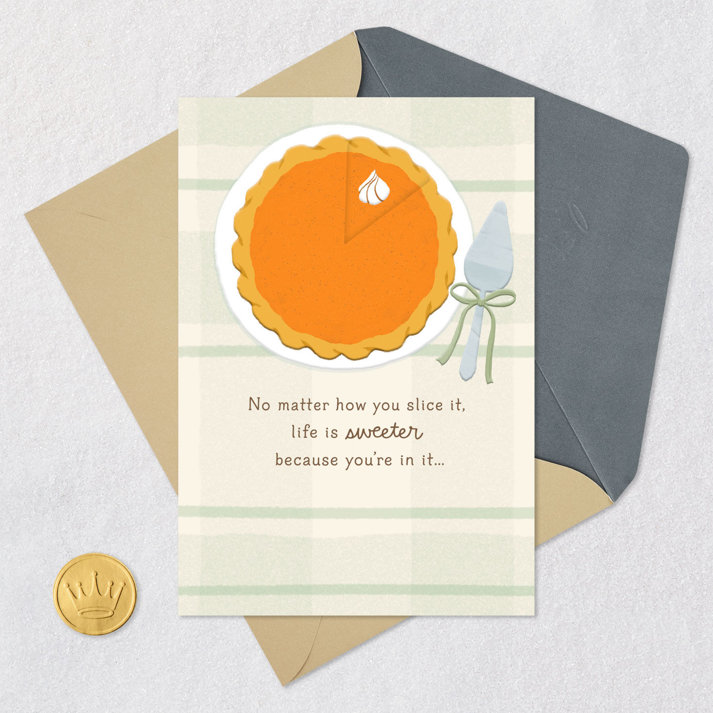 Pumpkin Pie Slice Life Is Sweet Thanksgiving Card Card Front with Envelope and Gold Seal image number 5