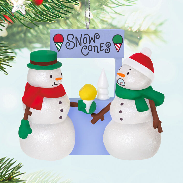 Snowmen Eating Yellow Snow Cone Keepsake Ornament Hanging on tree image number 2