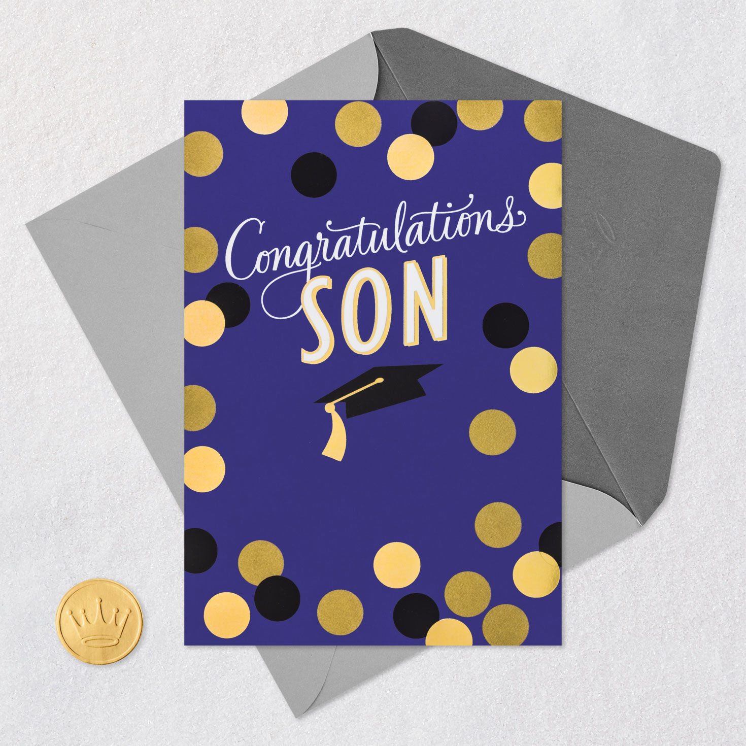 Large Dots on Blue Graduation Card for Son Card Front with Envelope and Gold Seal image number 6