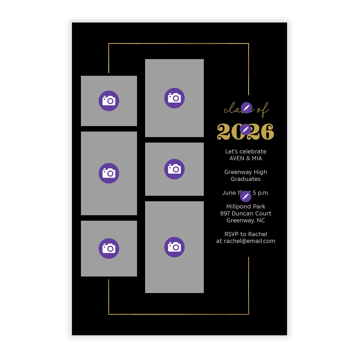 Black Gold Photo Collage Grad Party Invitation Card Front indicating personalization image number 5