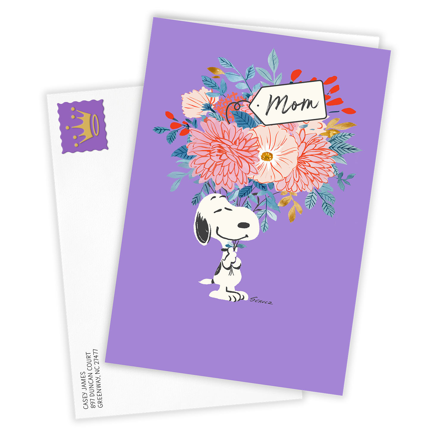 Snoopy With Flowers Personalized Mother's Day Card Card Front with Envelope image number 2