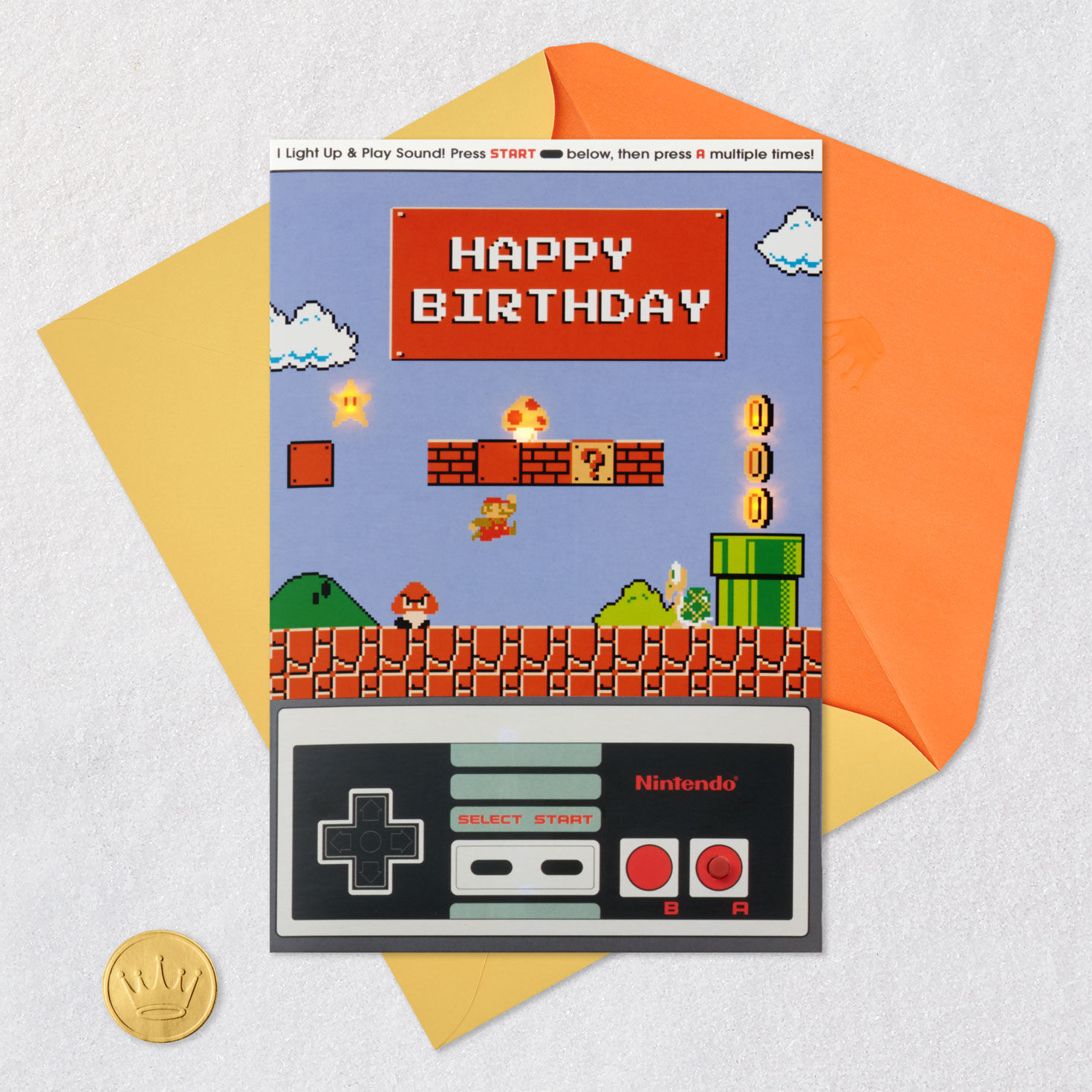 Super Mario Birthday Card With Light and Sound Card Front with Envelope and Gold Seal image number 6