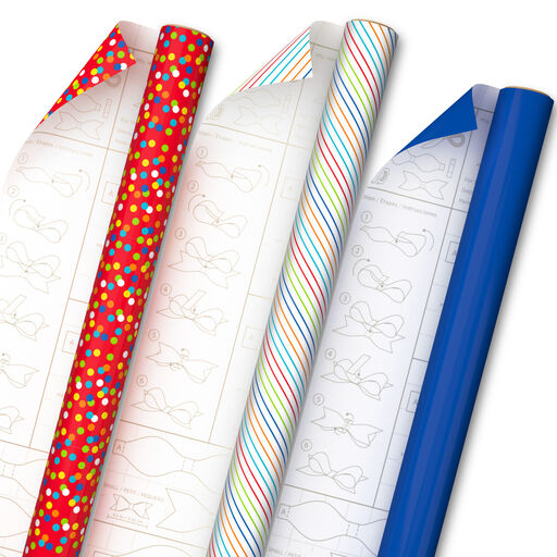 Confetti and Stripes Wrapping Paper 3-Pack With DIY Bow Templates, 75 sq. ft., 