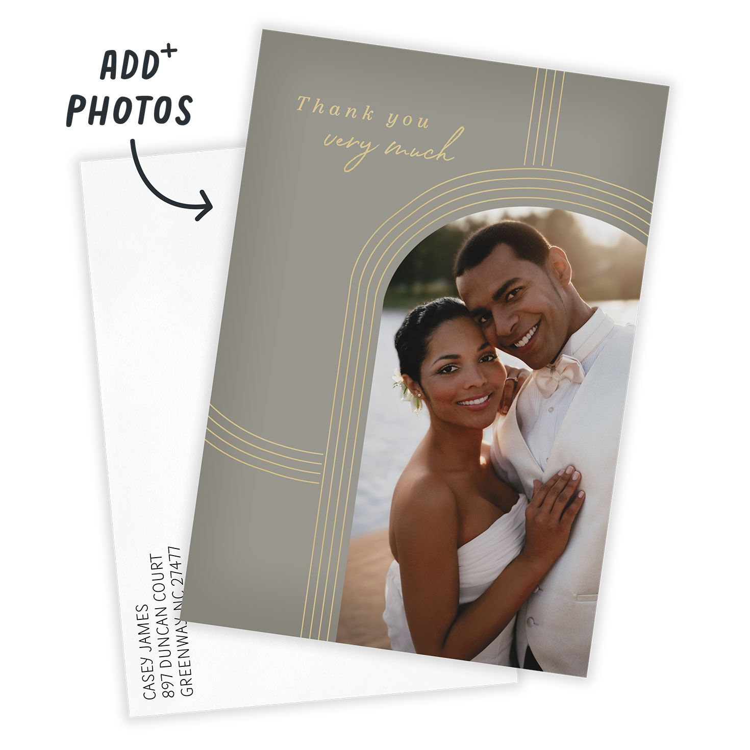 Gold Arches on Gray Wedding Thank-You Card, , large image number 2