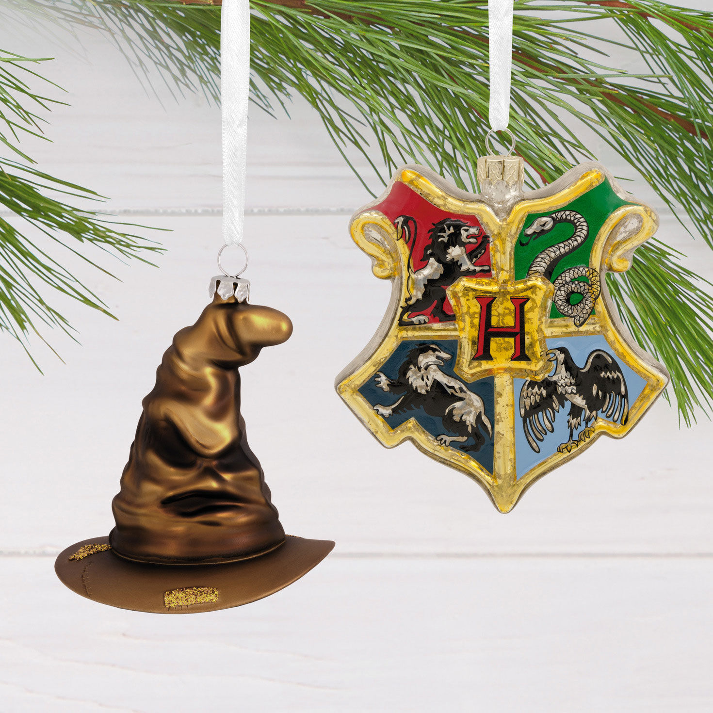 Sorting Hat and Hogwarts Crest Christmas Ornaments hanging on tree image number 2