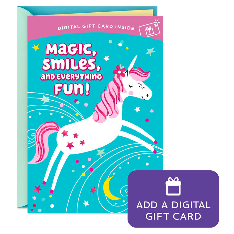 Magic and Smiles Unicorn Gift Card Greeting Birthday Card for Kids