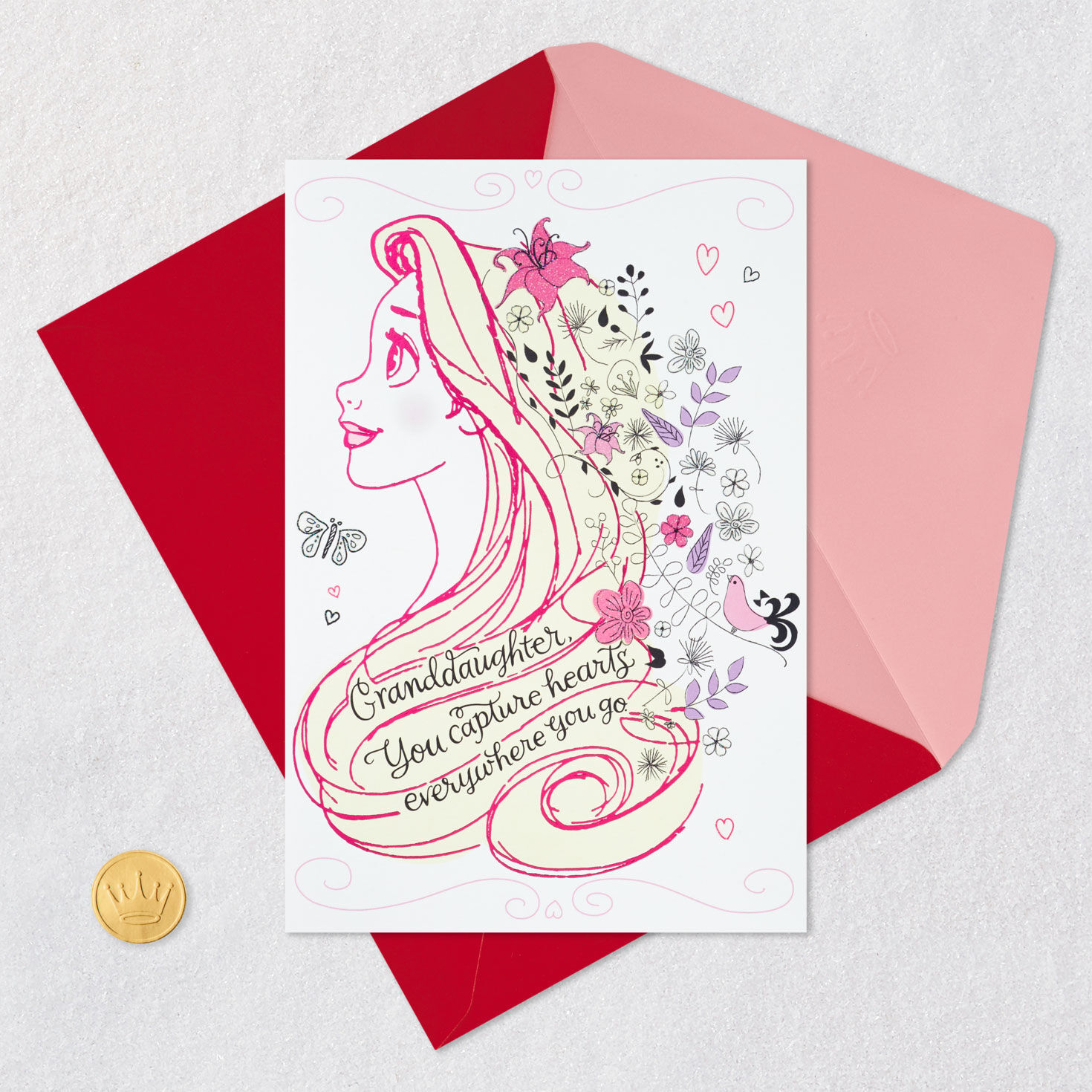 Disney Princess Rapunzel Granddaughter Valentine's Card Card Front with Envelope and Gold Seal image number 5