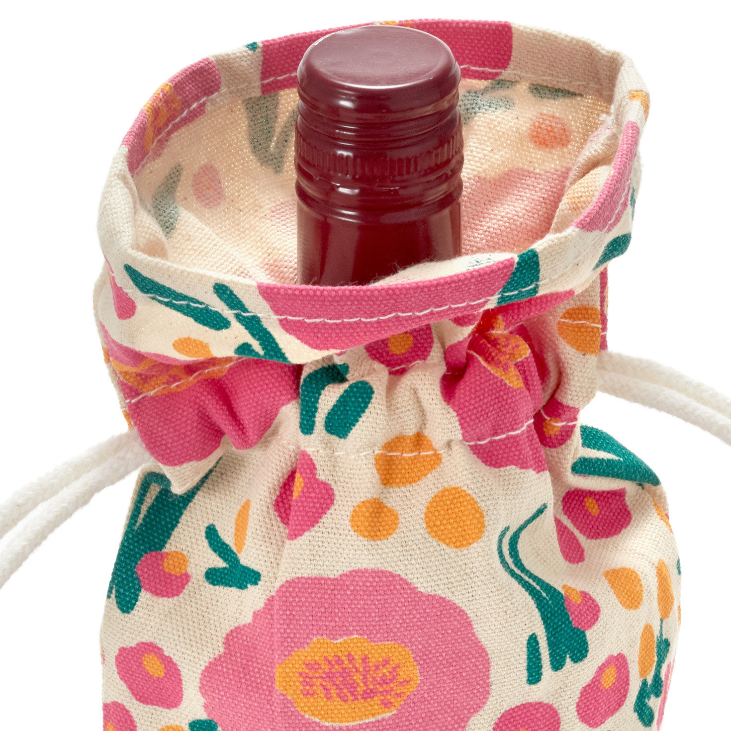 Pink Floral Fabric Wine Gift Bag Handle Detail image number 5