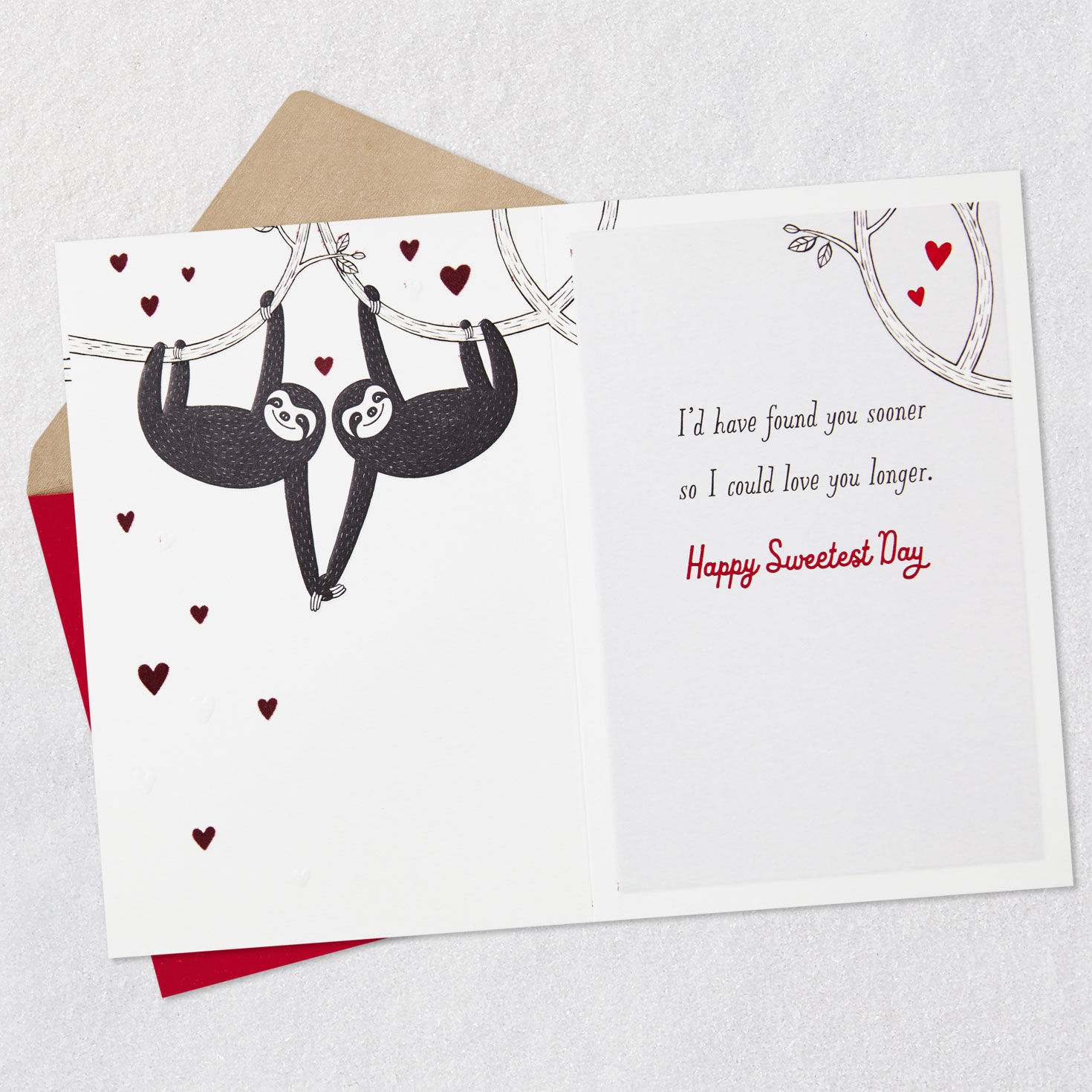 Black Sloth Red Hearts Sweetest Day Love Card Open card with envelope image number 3