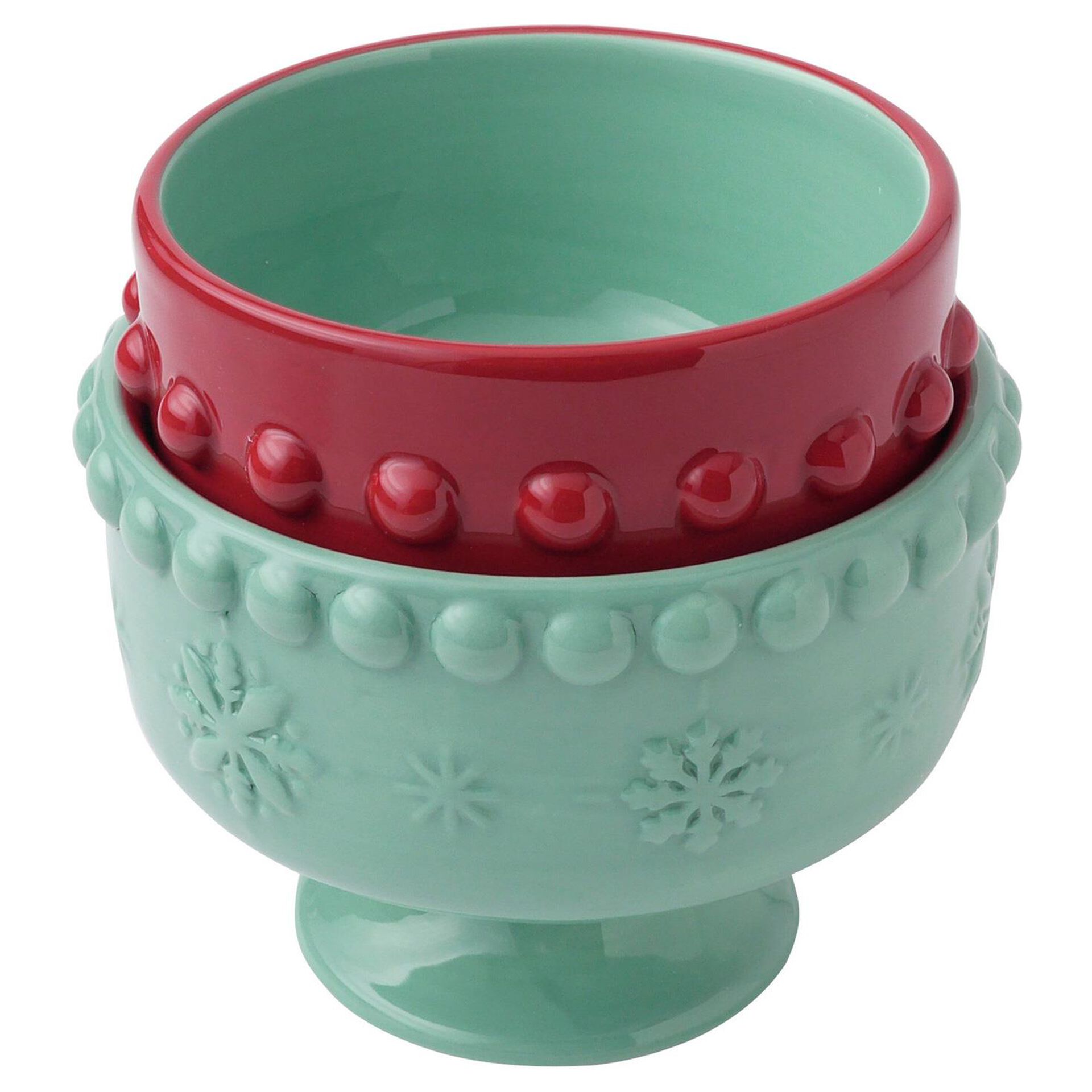 Mint and Red Nesting Bowls With Footed Pedestals, Set of 2 Kitchen