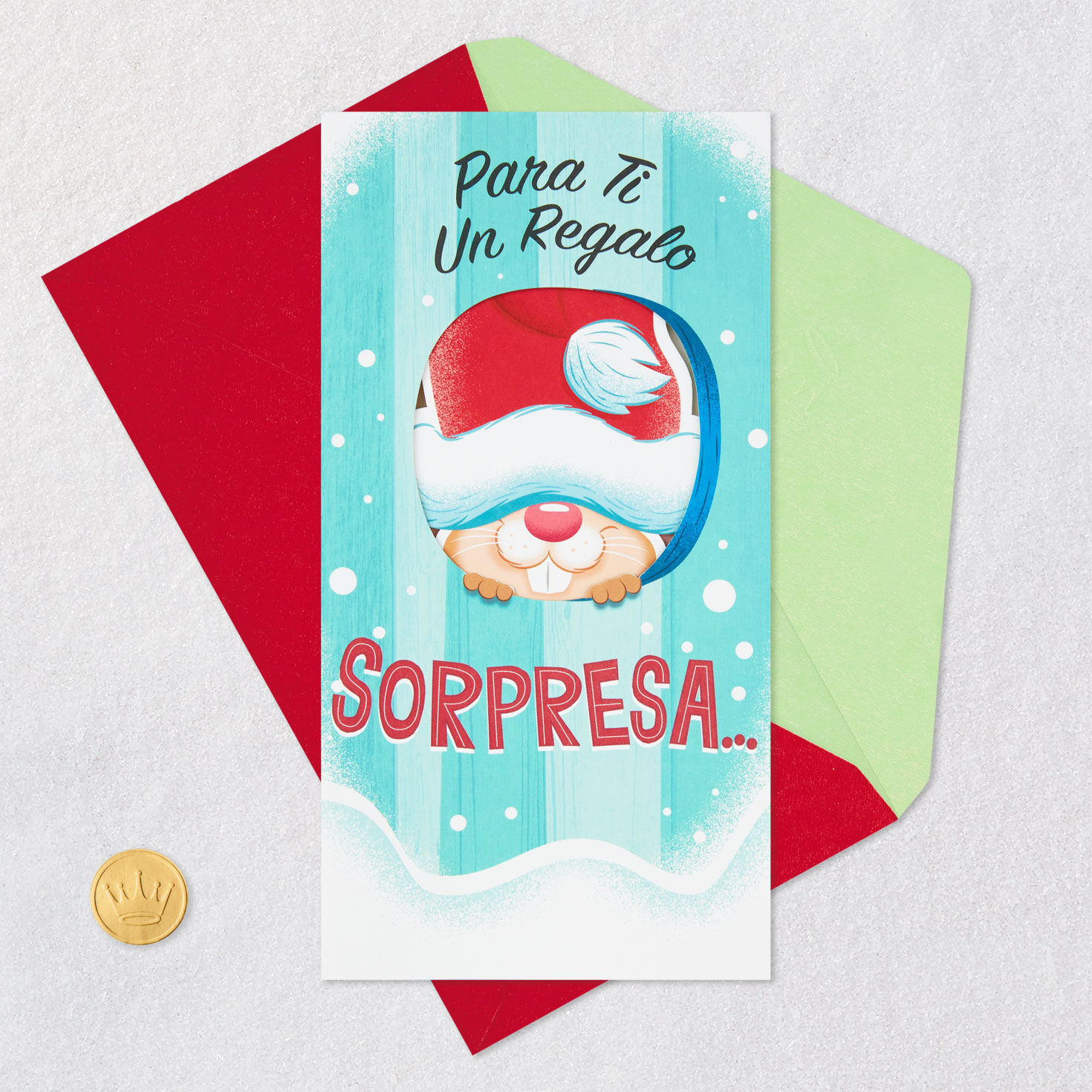 Santa Mouse Money Holder Spanish Christmas Card Card Front with Envelope and Gold Seal image number 6