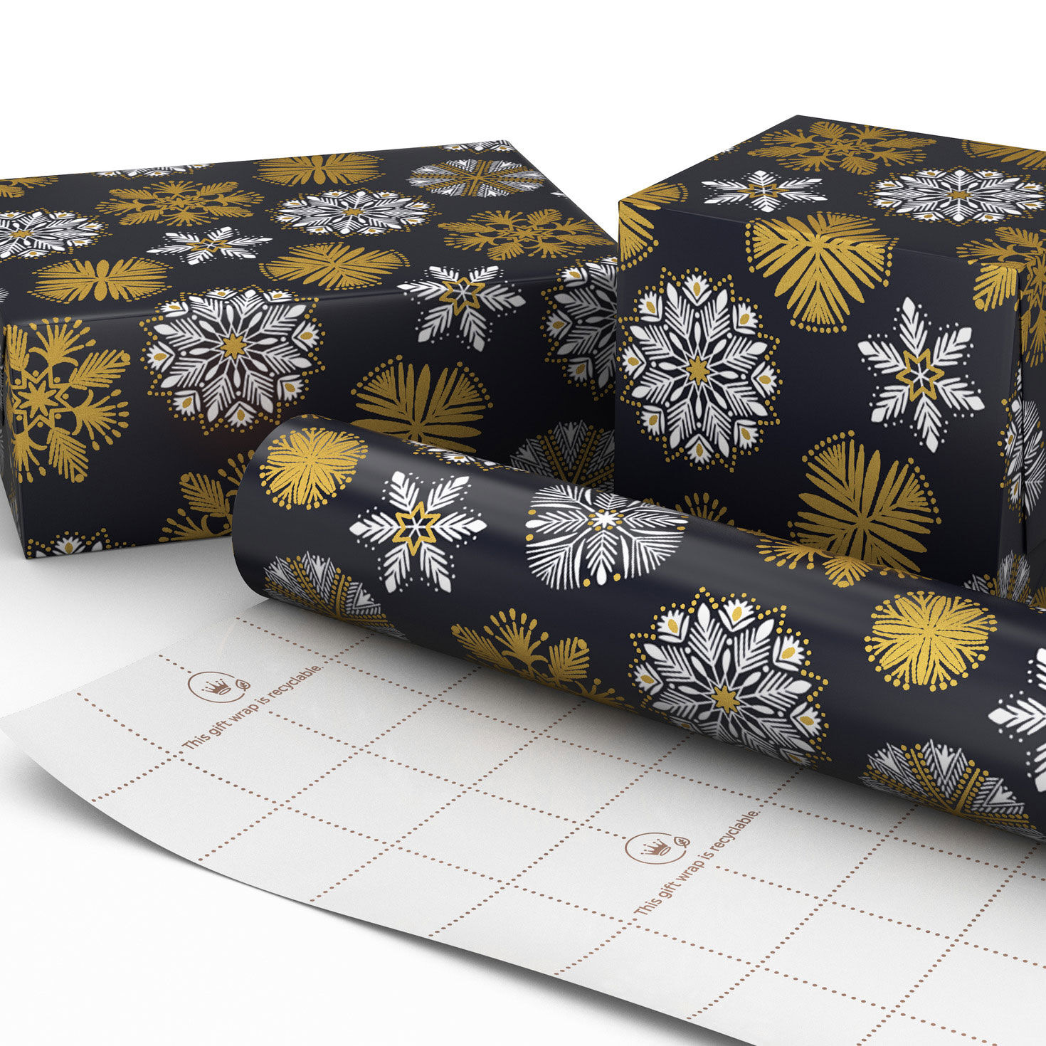 White and Gold Snowflakes on Black Wrapping Paper  image number 2