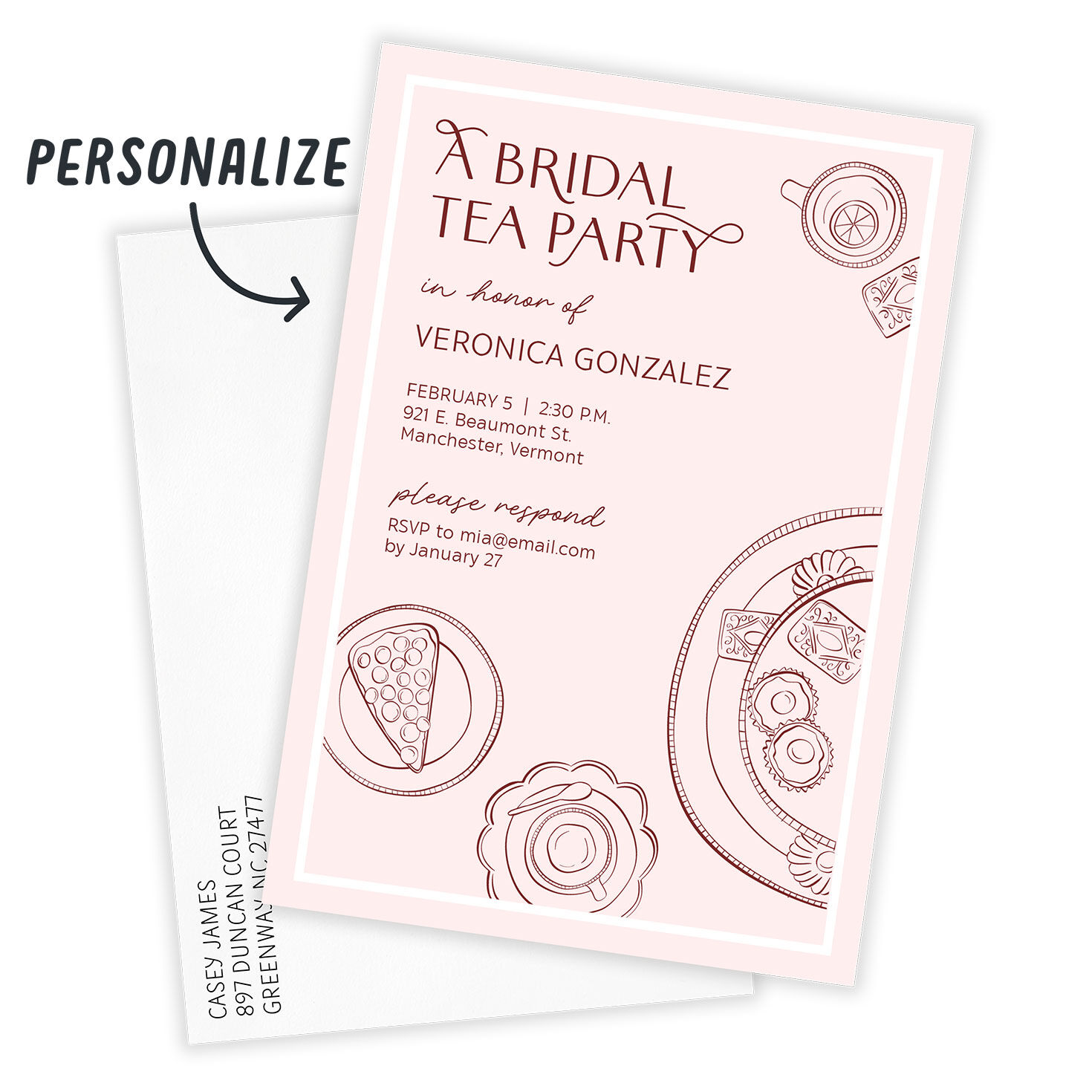 Pink Tea Party Personalized Shower Invitation Card front with Envelope indicating personalization image number 2