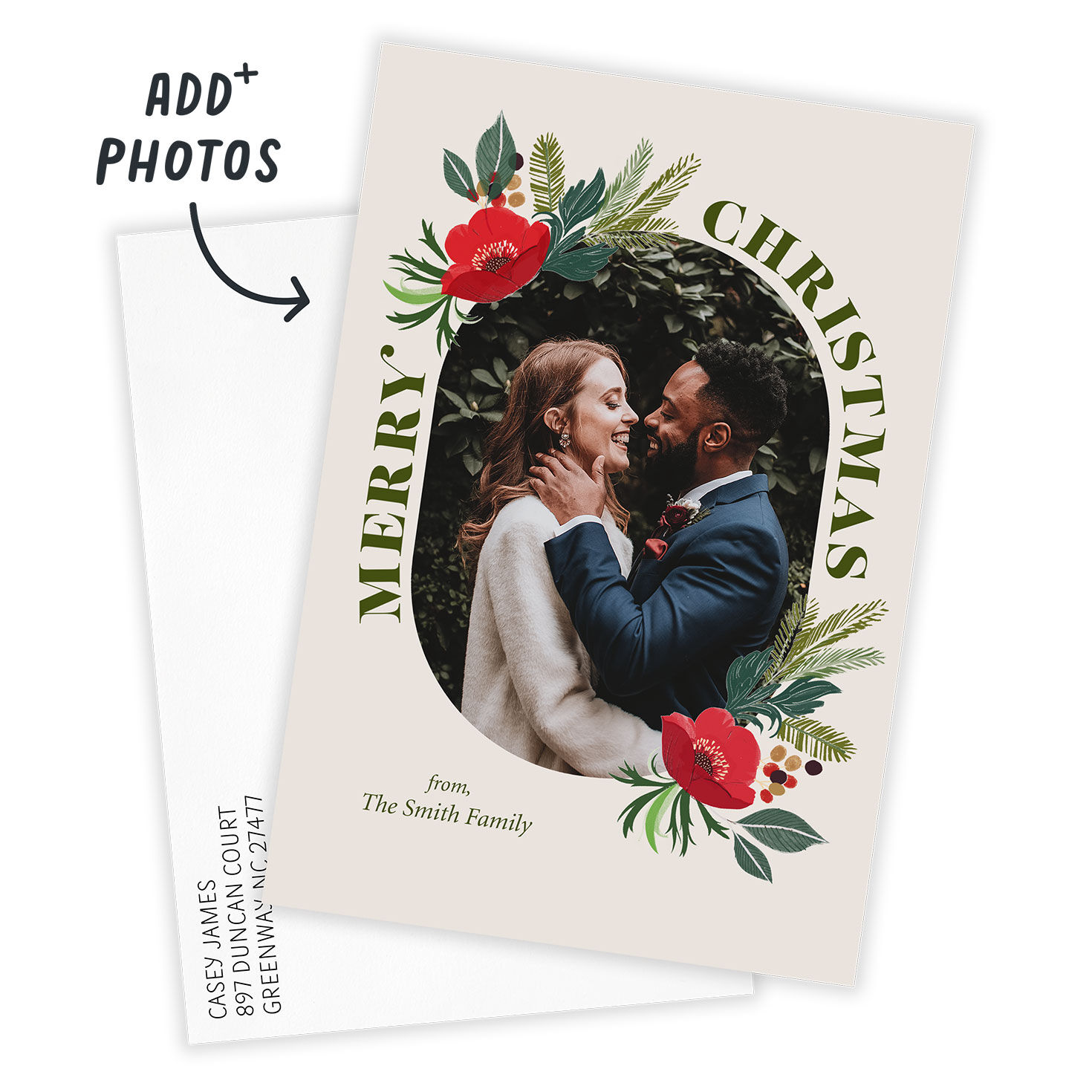 Poinsettia and Pine Flat Christmas Photo Card, , large image number 2