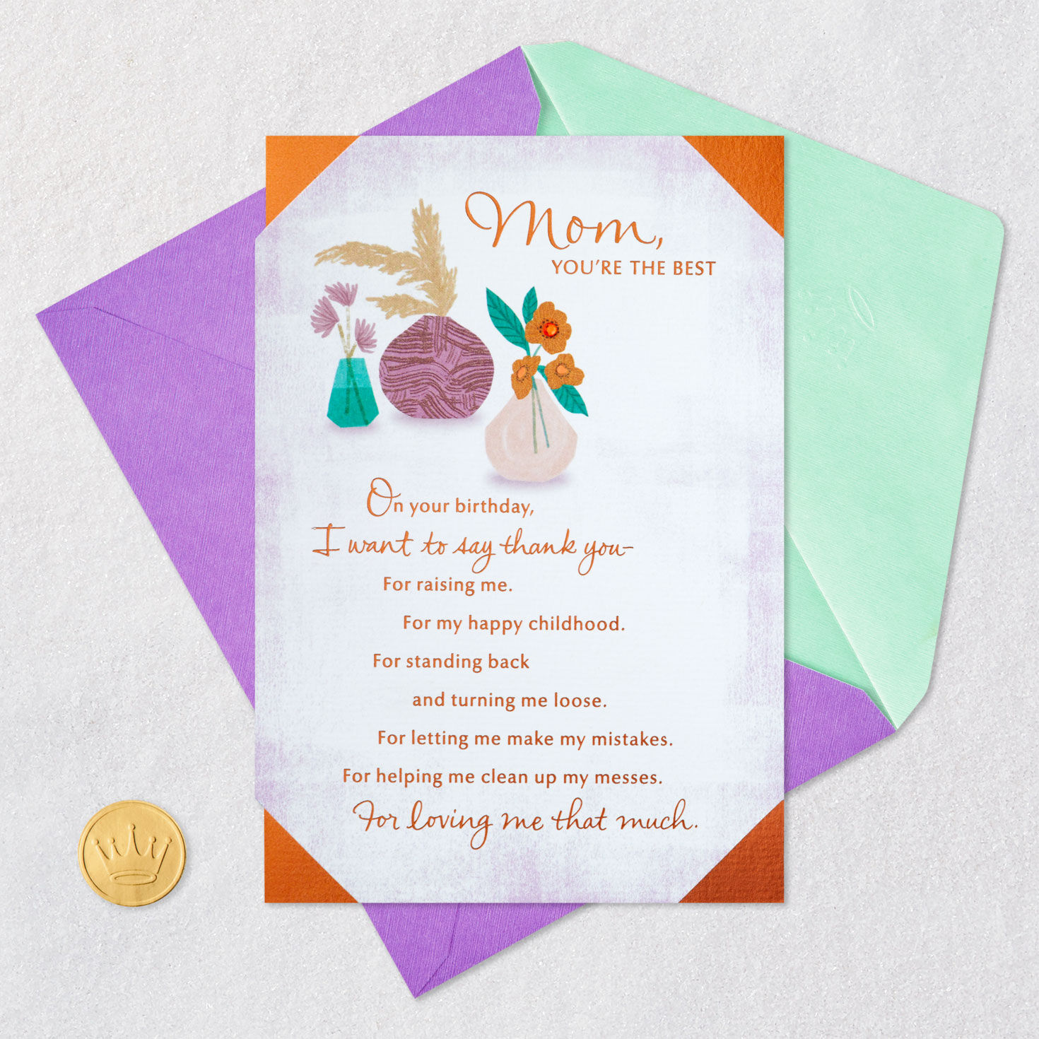 Retro Flowers in Vases Birthday Card for Mom Card Front with Envelope and Gold Seal image number 6