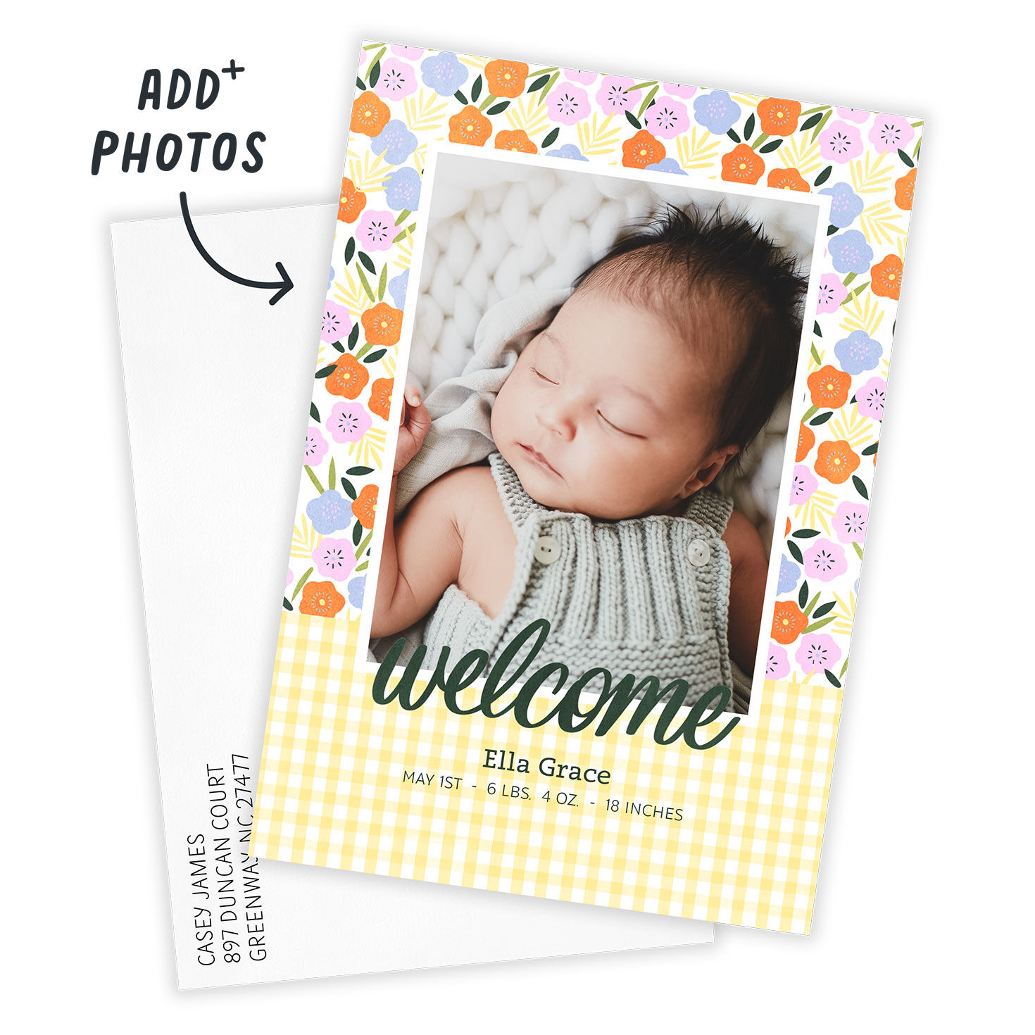 Flowers Yellow Gingham Personalized Baby Announcement Card front with Envelope indicating personalization image number 2