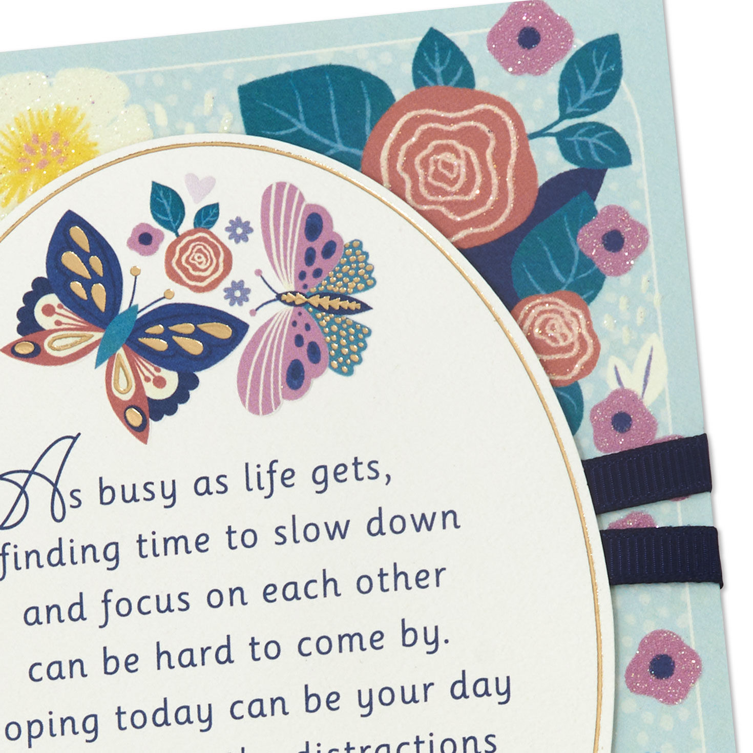 Painted Spring Flowers and Butterfly on Light Blue Anniversary Card Card Front Detail image number 5