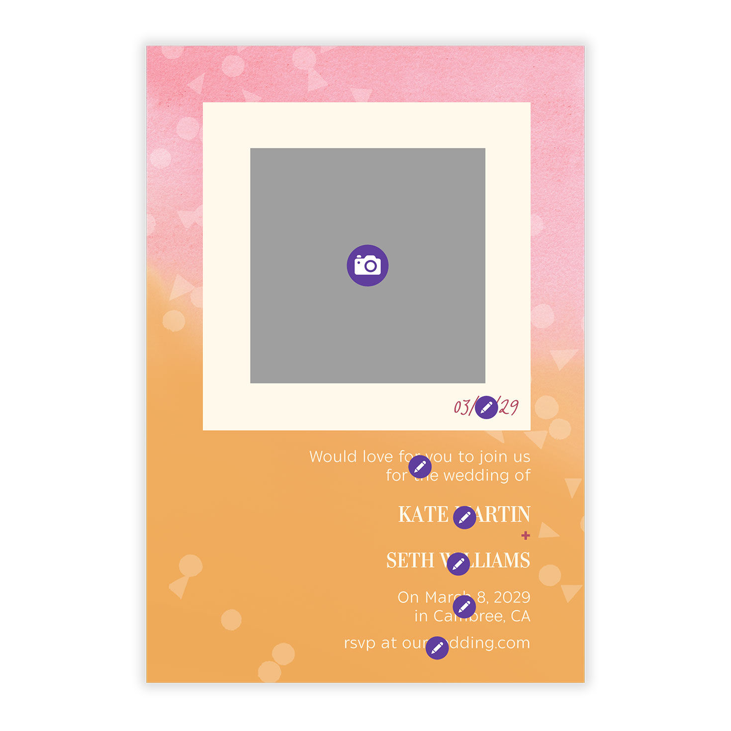 Pink Orange With Photo Personalized Wedding Invitation Card Front indicating personalization image number 5