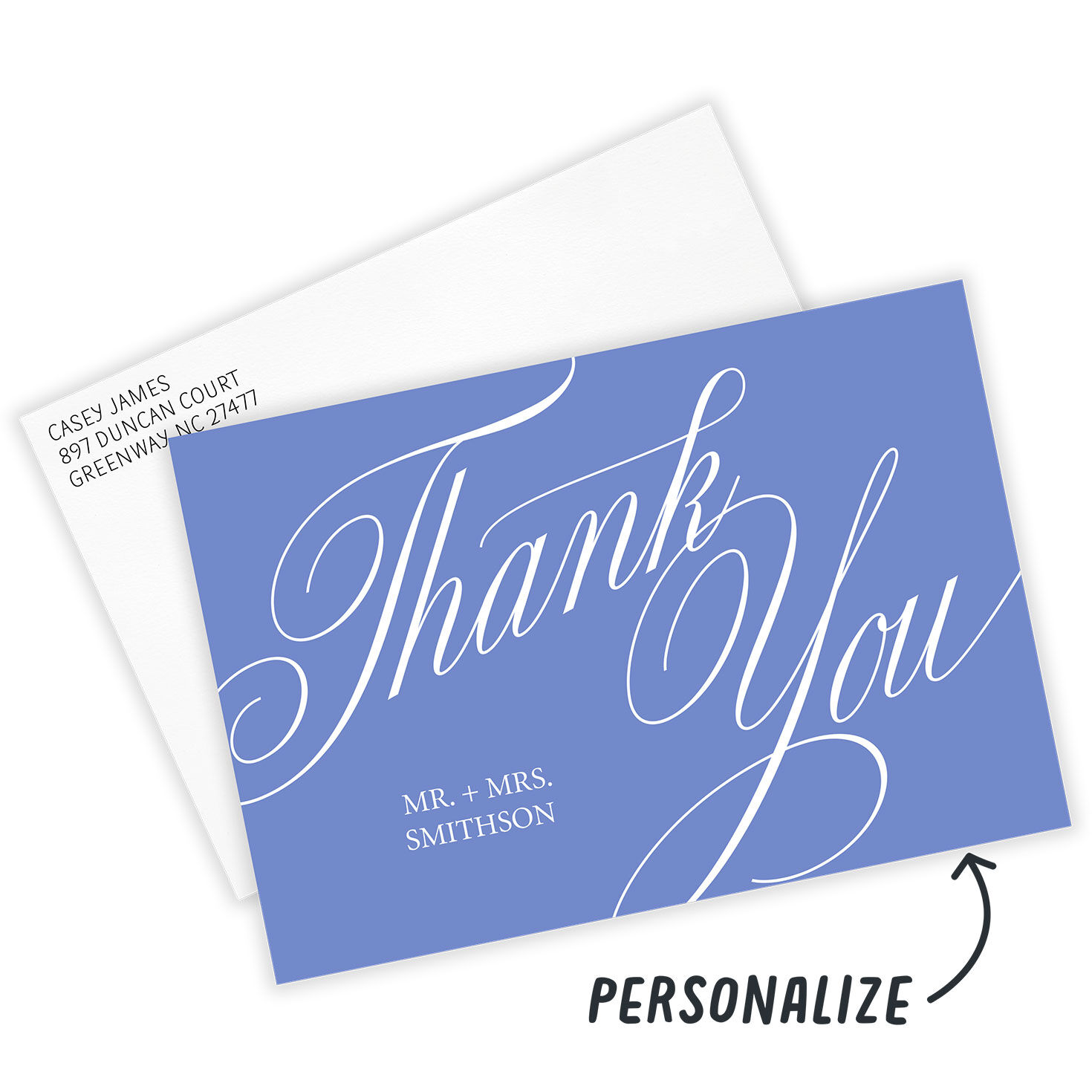 White on Blue Personalized Wedding Thank You Card front with Envelope indicating personalization image number 2