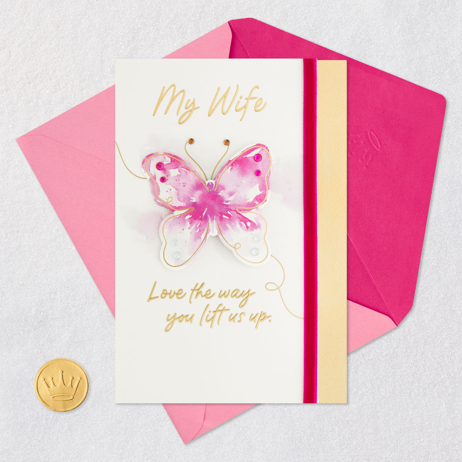 Pink Watercolor Butterfly Mother's Day Card for Wife Card Front with Envelope and Gold Seal image number 6