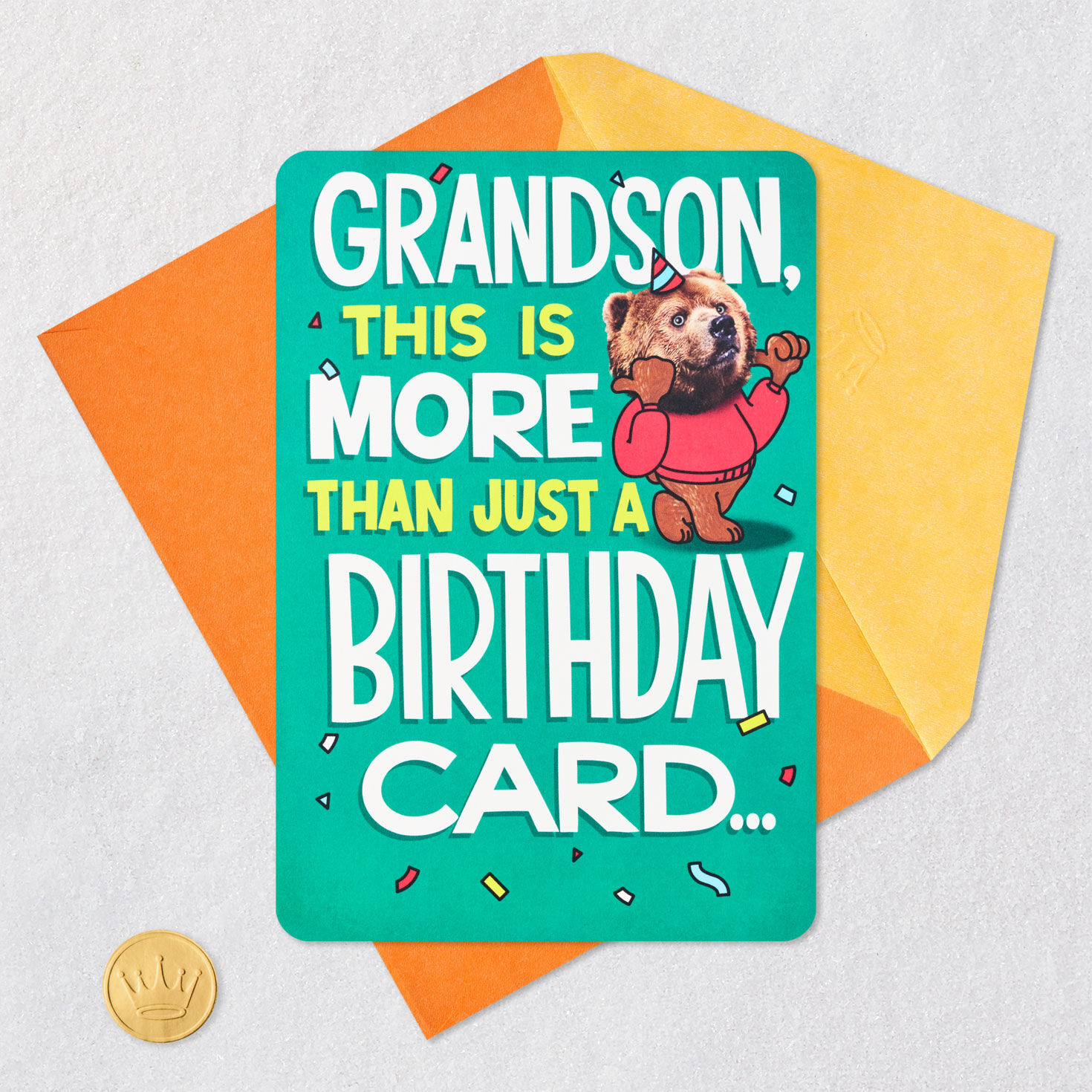 Bear on Green Grandson Birthday Card Card Front with Envelope and Gold Seal image number 6