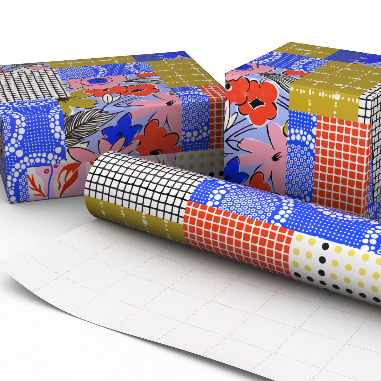 Vibrant Vintage Patchwork Wrapping Paper Roll Wrapped pkg image number 2