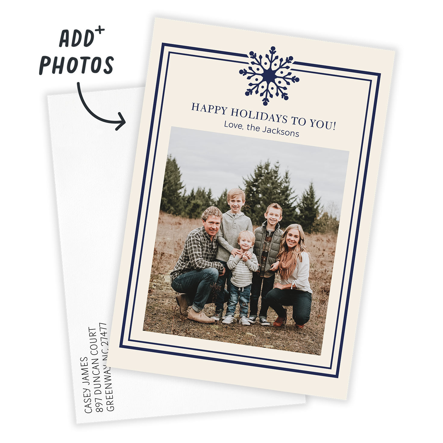 Blue Snowflake Frame Personalized Holiday Photo Card Card Front indicating personalization image number 2
