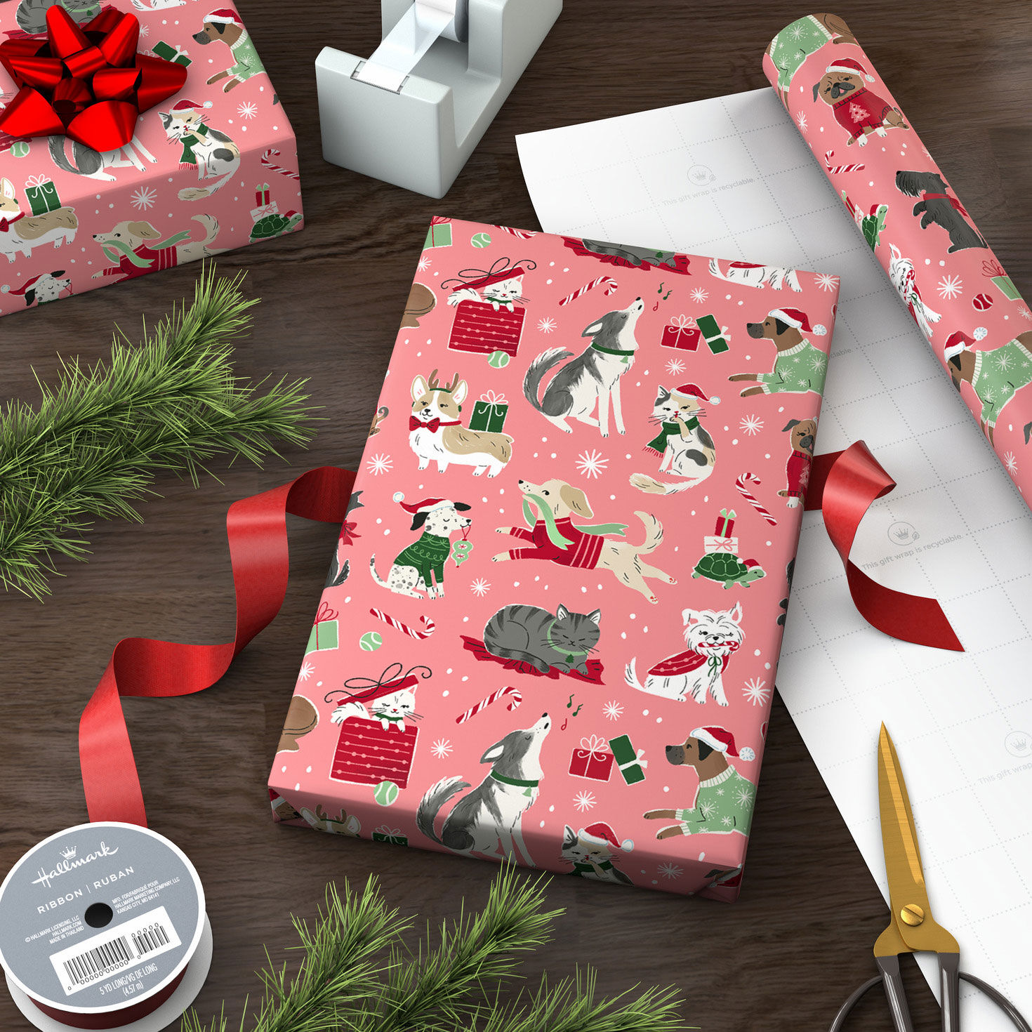 Cute Cats and Dogs on Pink Christmas Wrapping Paper Roll, 35 sq. ft. for only USD 4.99 | Hallmark