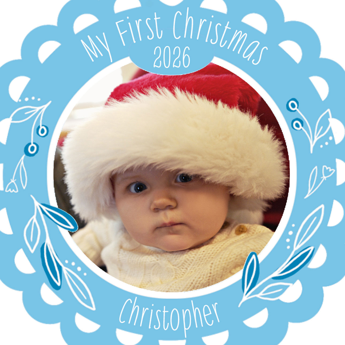 Baby's First Personalized Blue Christmas Ornament upclose view image number 5