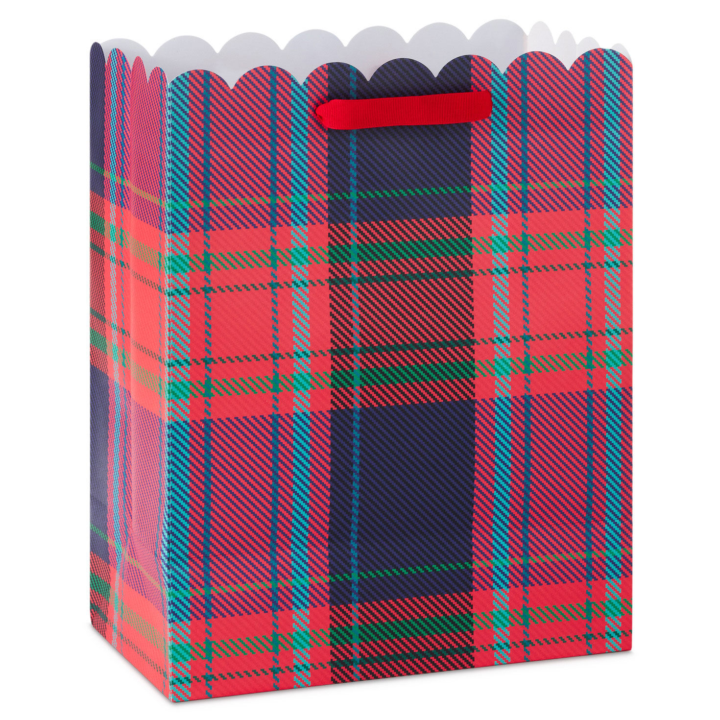 Scalloped Red Plaid Christmas Gift Bag with Ribbon Back image number 6