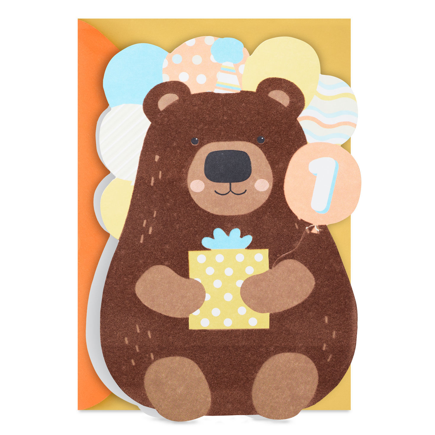 Bear With Present and Balloons First Birthday Card