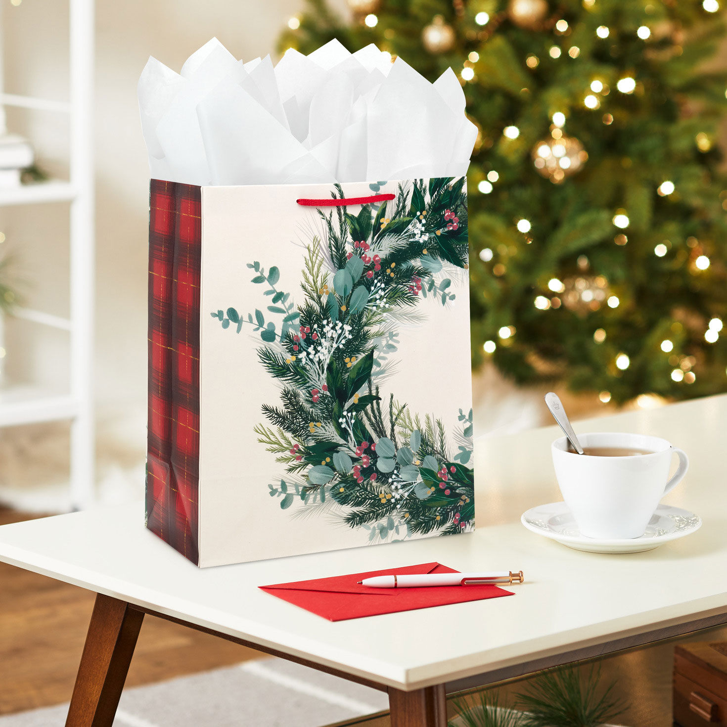 Winter Welcome Wreath Large Holiday Gift Bag In Use image number 2