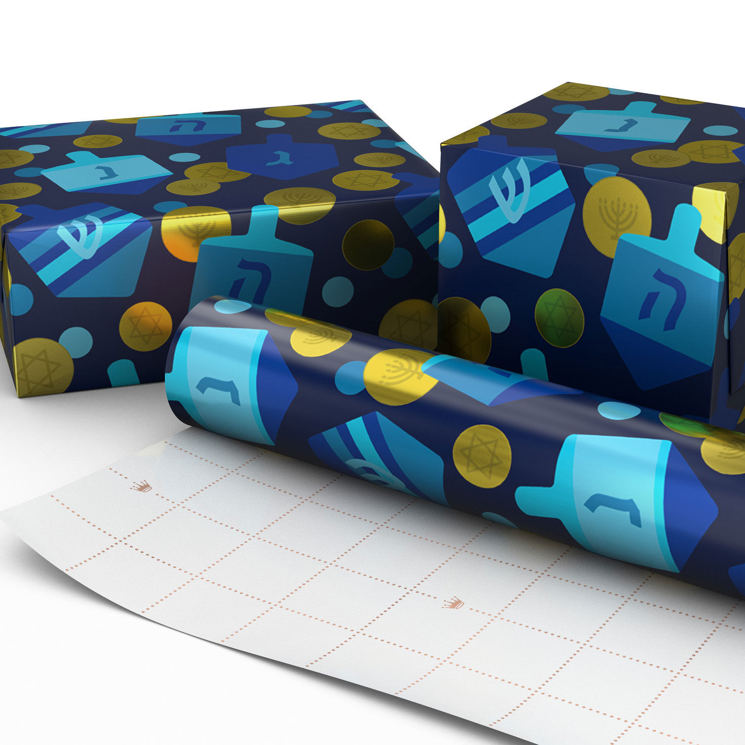 Dreidels and Gelt on Metallic Navy Hanukkah Wrapping Paper Roll, 22.5 sq. ft., , large image number 2
