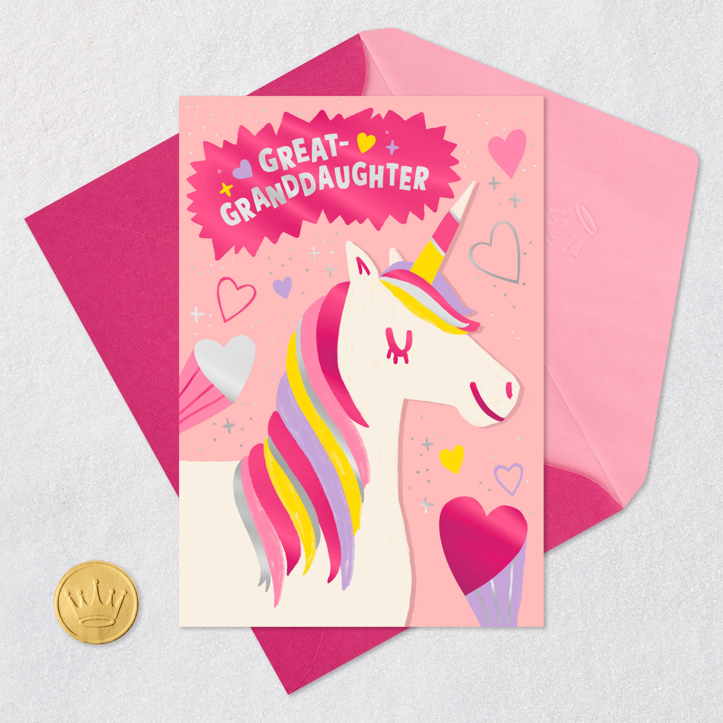 Unicorn and Hearts Great-Granddaughter Valentine's Card Card Front with Envelope and Gold Seal image number 6