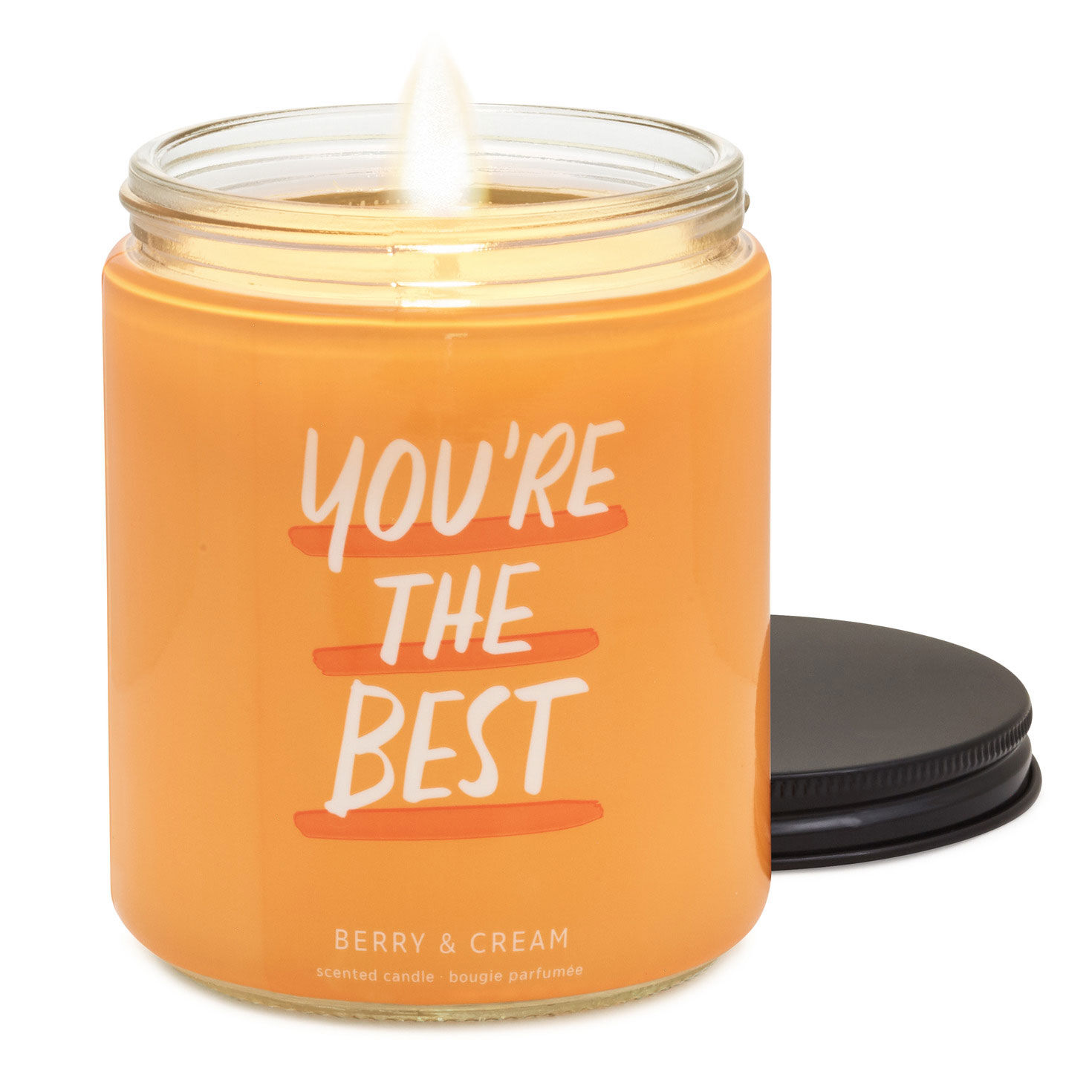 You're the Best Berry and Cream Scented Jar Candle lid off lit image number 2