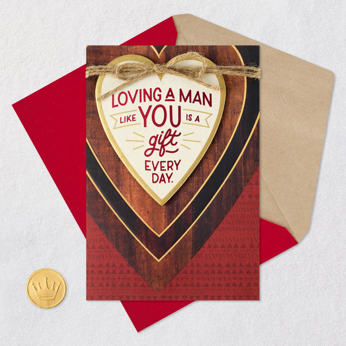Rustic Wooden Heart Valentine's Day Card for Him Card Front with Envelope and Gold Seal image number 7