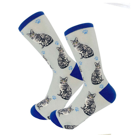 E&S Pets Silver Tabby Cat Novelty Crew Socks, 