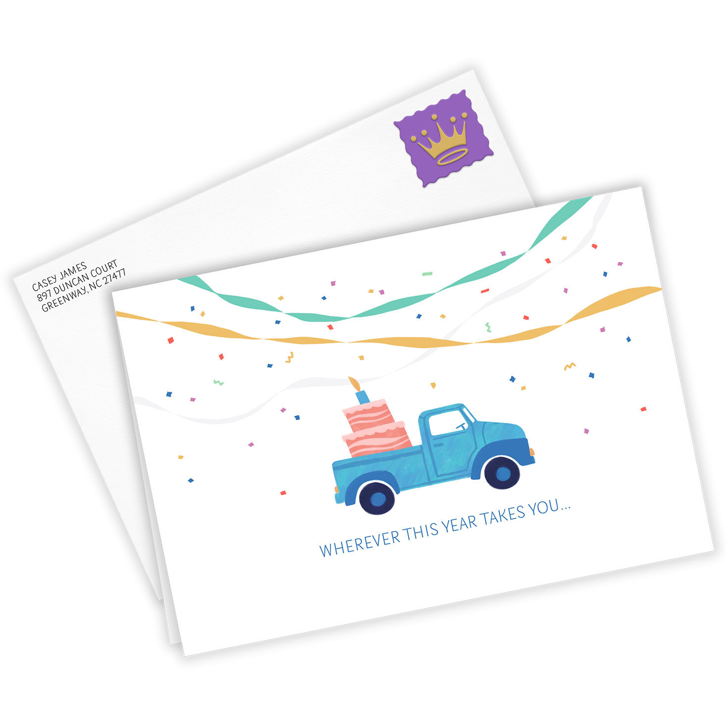 Blue Truck With Cake Personalized Birthday Card Card Front with Envelope image number 2