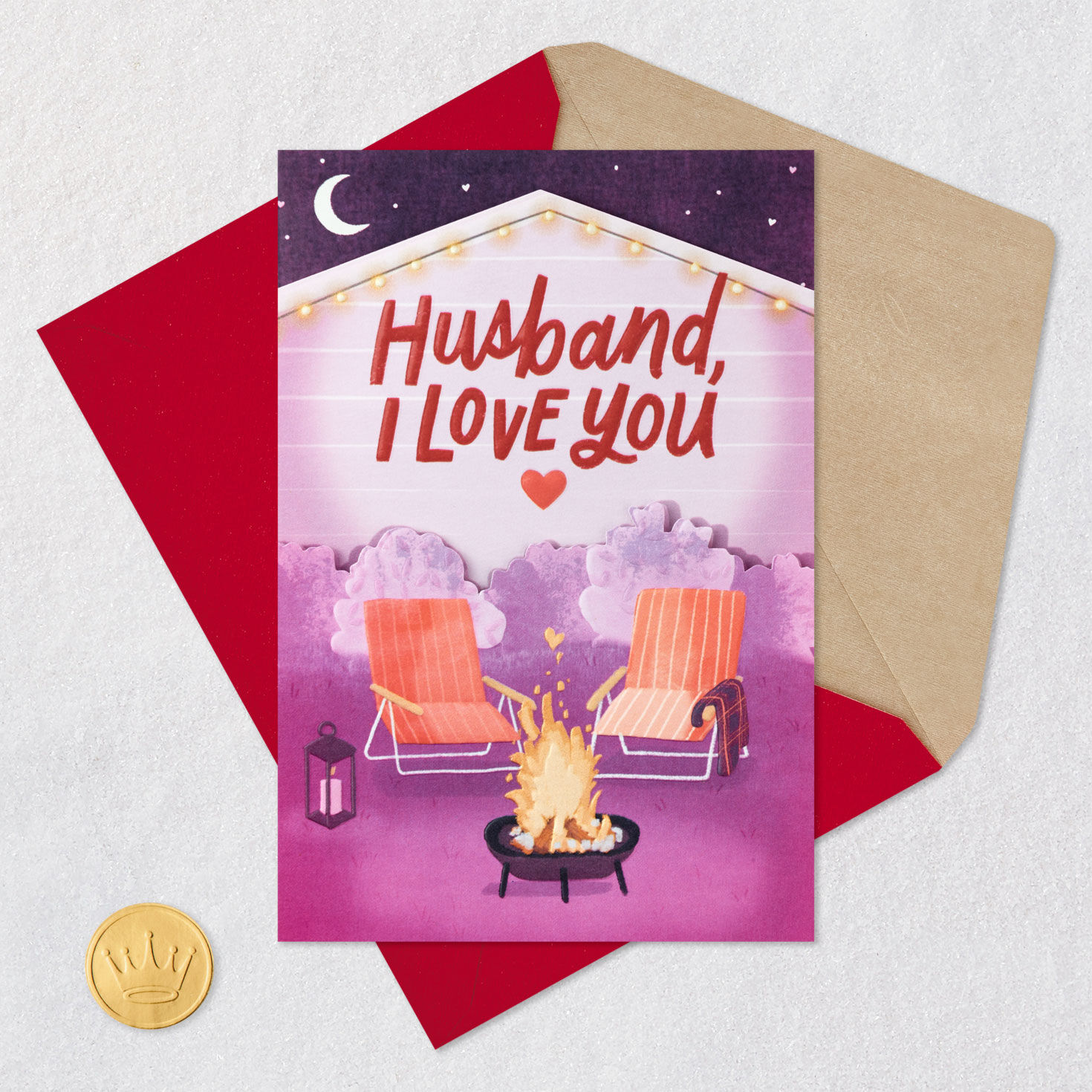 Backyard Fire Pit Scene Husband Valentine's Day Card Card Front with Envelope and Gold Seal image number 5
