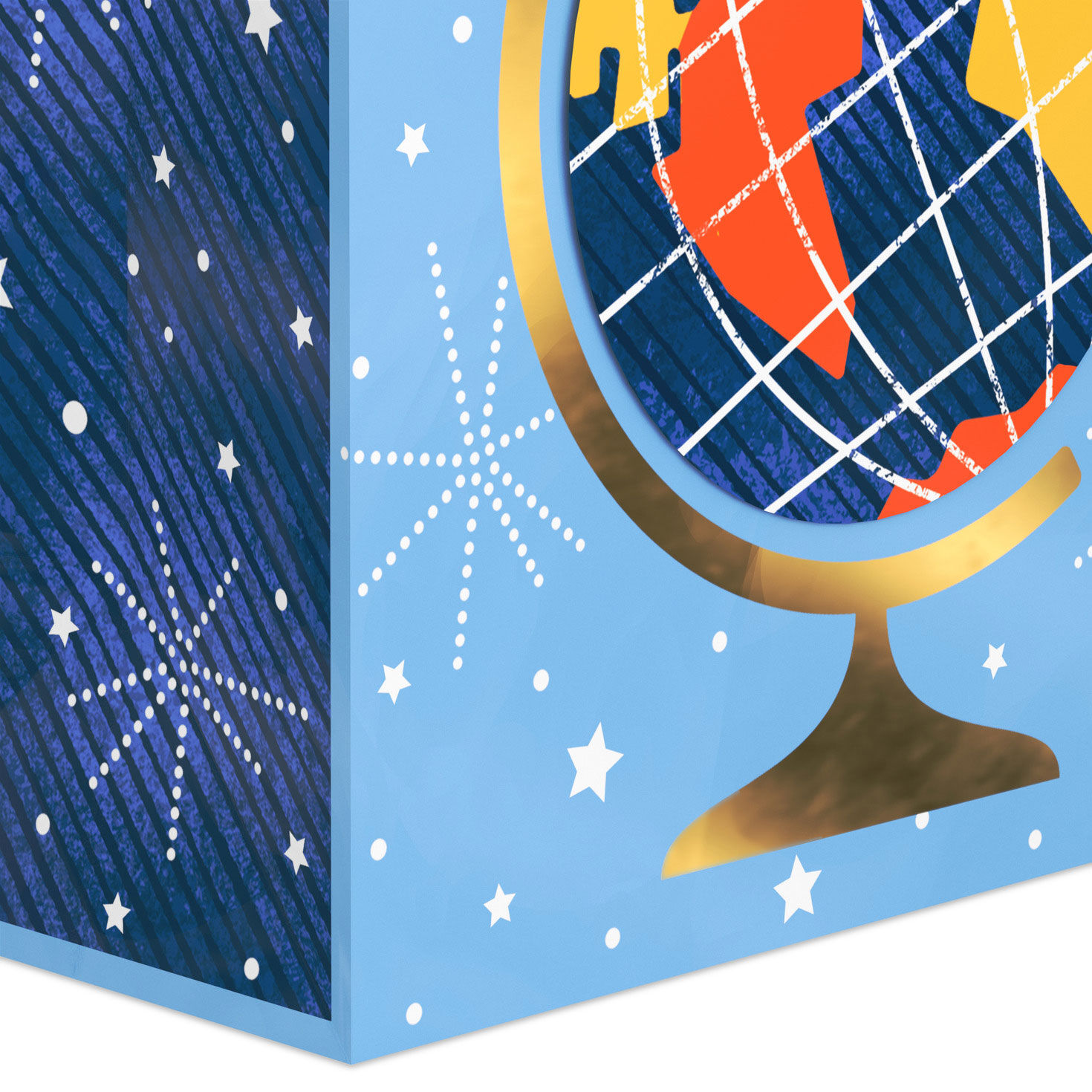 Globe on Blue Large Bag With Watch Out World Tag Base/Side Detail image number 5