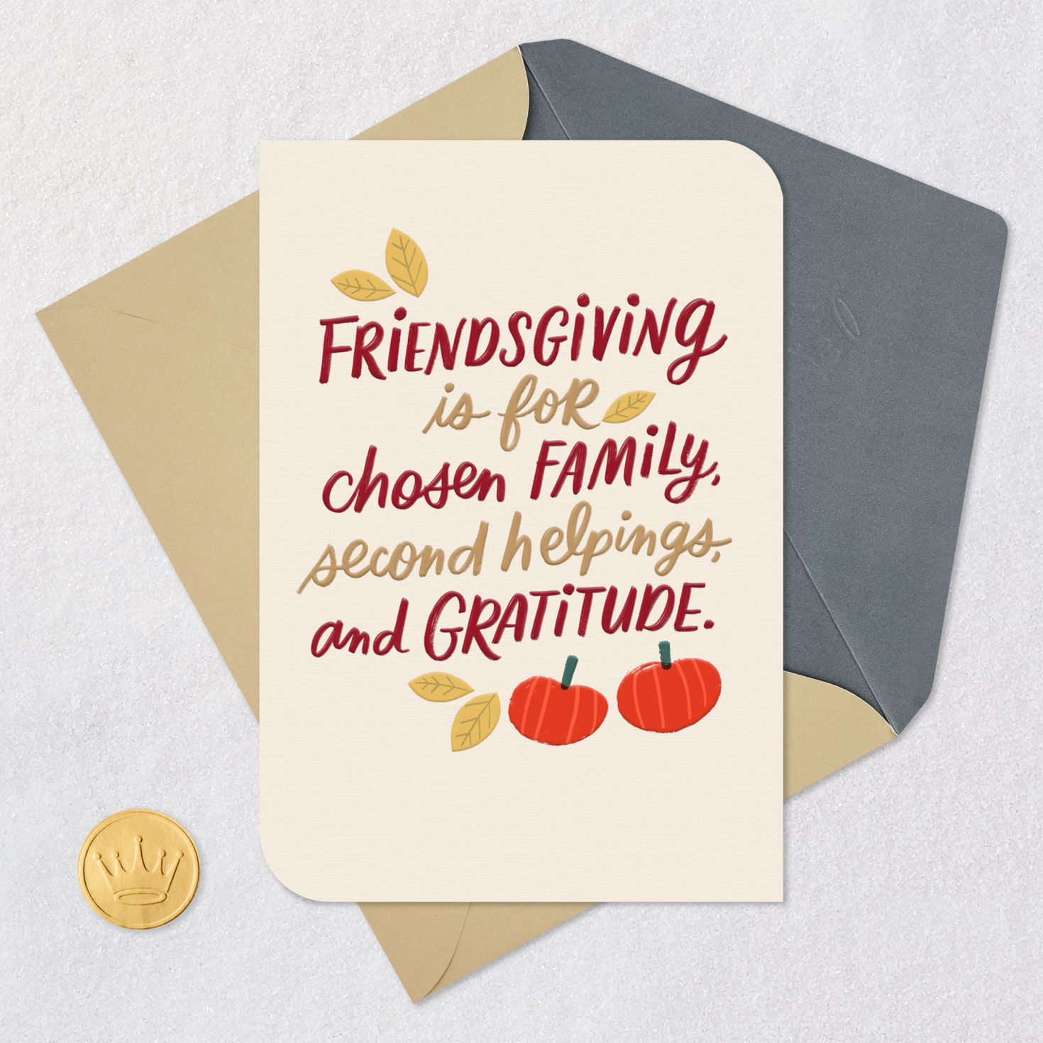 Pumpkins and Fall Leaves Friendsgiving Card Card Front with Envelope and Gold Seal image number 5