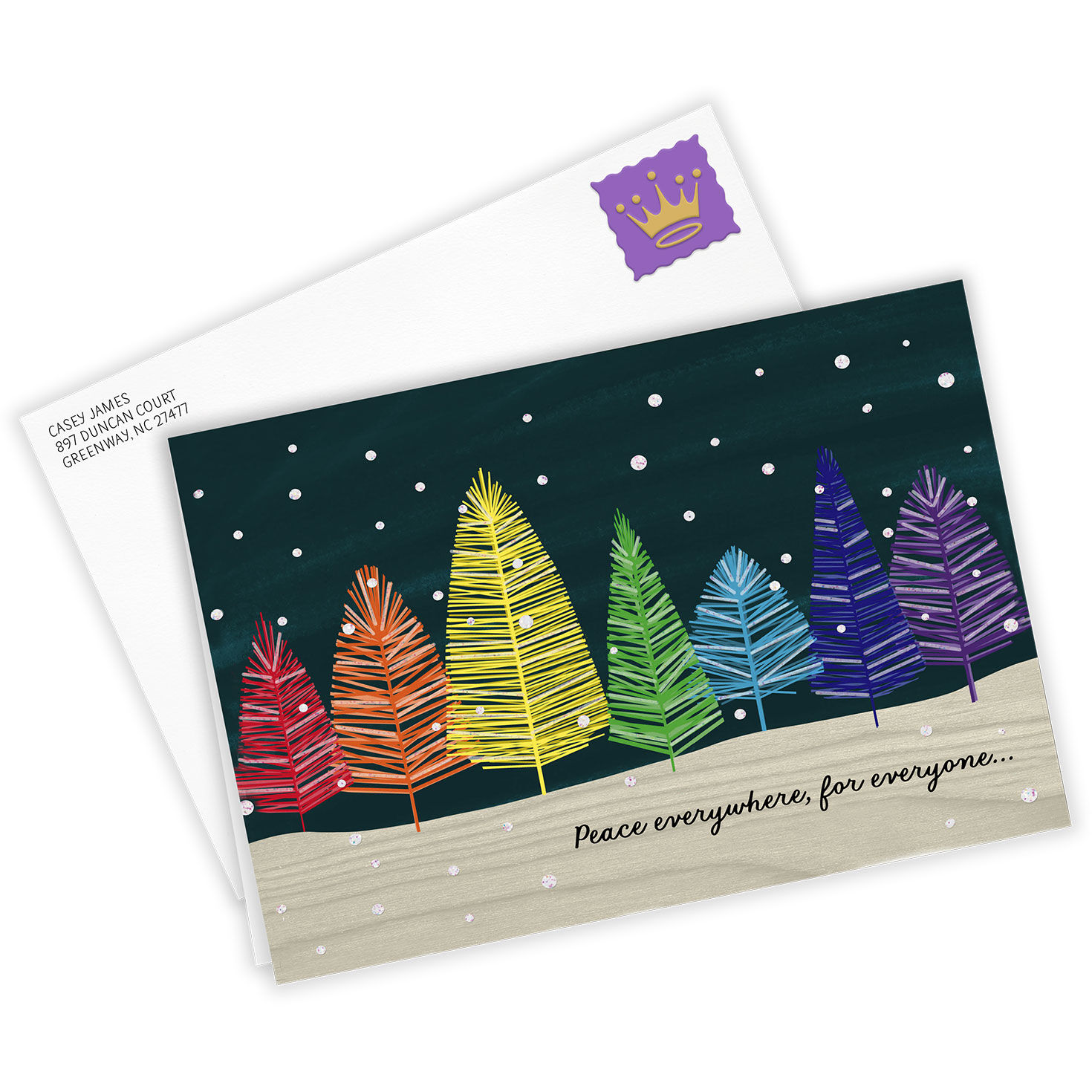 Modern Colored Trees Personalized Holiday Card Card  front with Envelope  image number 2